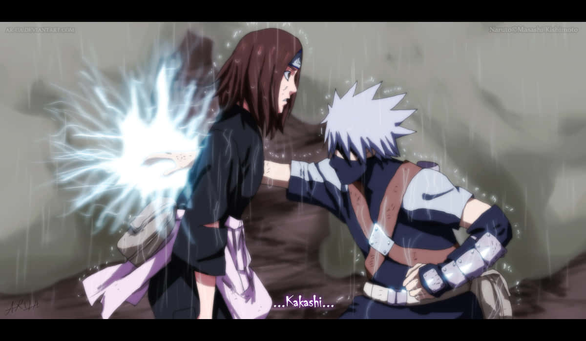 Kakashi And Rin 桌布 壁紙 — 兩個動漫角色在雨中碰撞，發光的查克拉能量在他們之間爆發，形成戲劇性的戰鬥場景。