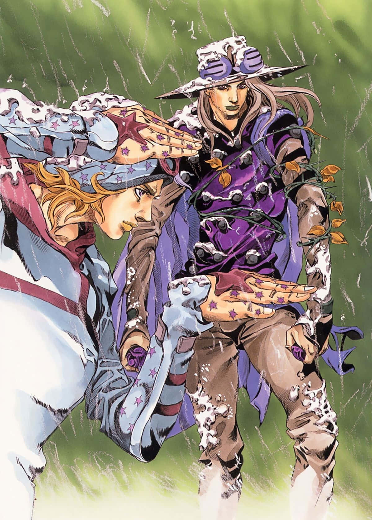 Jojo Steel Ball Run 桌布 壁紙 — 兩個動漫角色在雨中綠色背景下，以動態姿勢展現，戴著星星圖案手套，穿著紫色服裝。