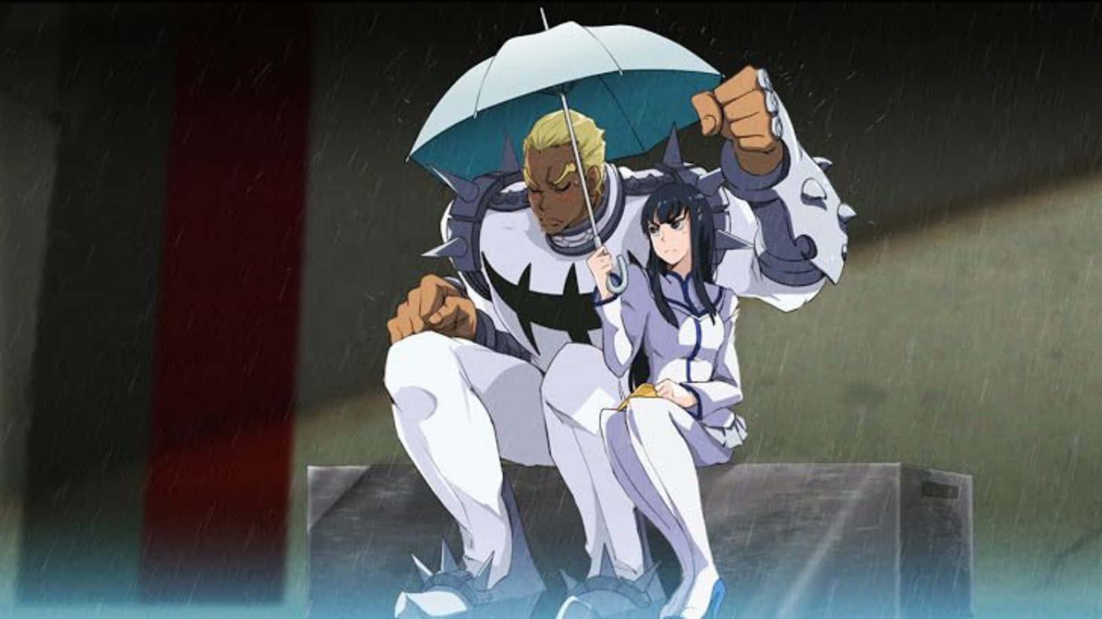 Ira Gamagoori 桌布 壁紙 — 兩個動漫角色在雨夜的都市小巷中擠在共享的雨傘下。