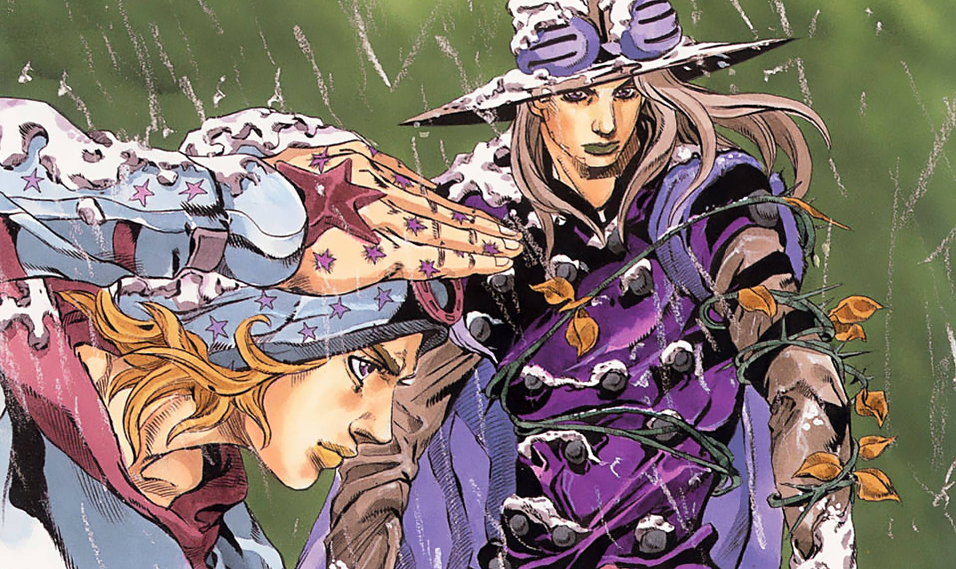 Gyro Zeppeli 桌布 壁紙 — 兩個動漫角色在雪地戰鬥中碰撞，戴著星星圖案手套，秋天樹葉纏繞在他們的手臂上，背景為綠色。