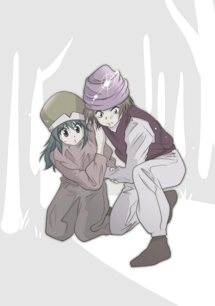 Hunter X Hunter Ponzu 桌布 壁紙 — 兩個動漫角色在雪地森林中依偎在一起，其中一個輕柔地用手撫摸對方的臉頰安慰對方。