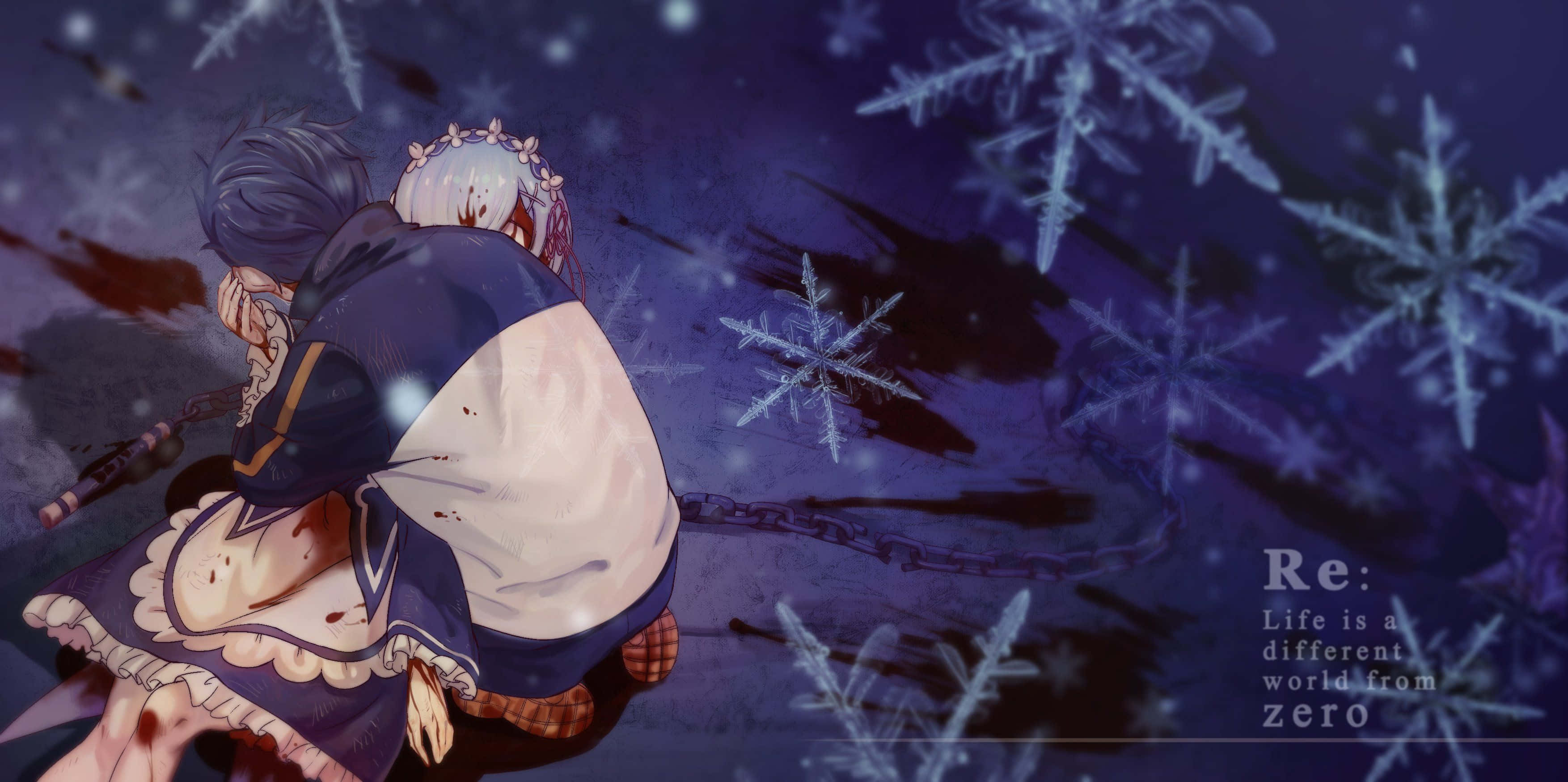 Subaru Natsuki 桌布 壁紙 — 兩個動漫角色在雪夜場景中擁抱，周圍有發光的雪花和黑暗的陰影。