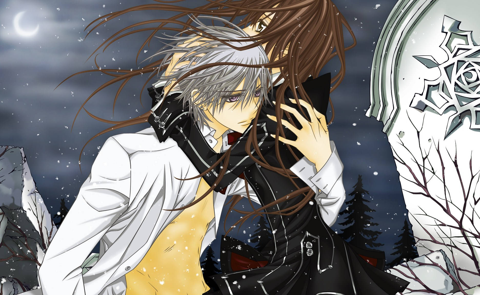Vampire Knight 桌布 壁紙 — 兩個動漫角色在雪夜月光下擁抱，背景有哥德式墓碑。