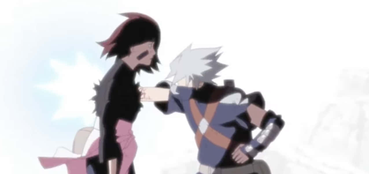 Kakashi And Rin 桌布 壁紙 — 兩個動漫角色在雪景中碰撞，其中一個以動態動作姿勢擊打另一個。