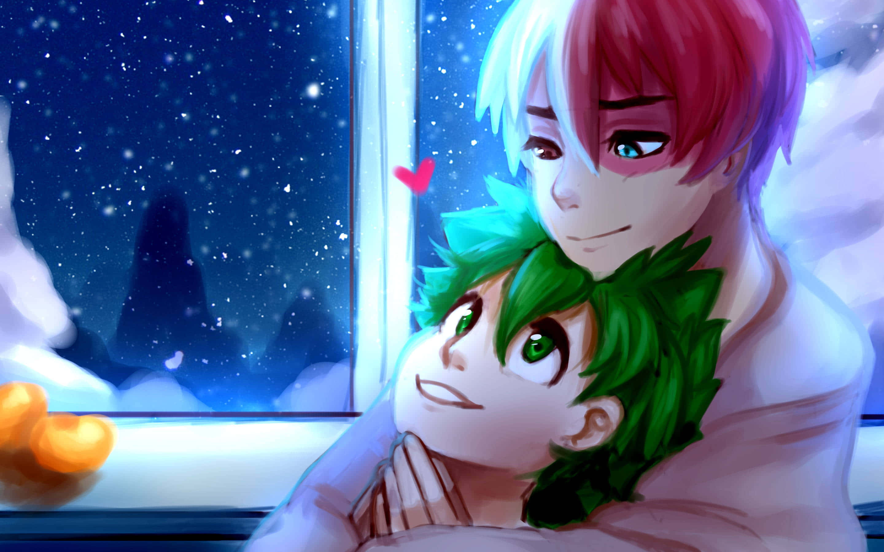 Deku And Todoroki 桌布 壁紙 — 兩個動漫角色在雪窗前，在繁星點點的夜空下，伴隨著漂浮的心形溫暖地擁抱。
