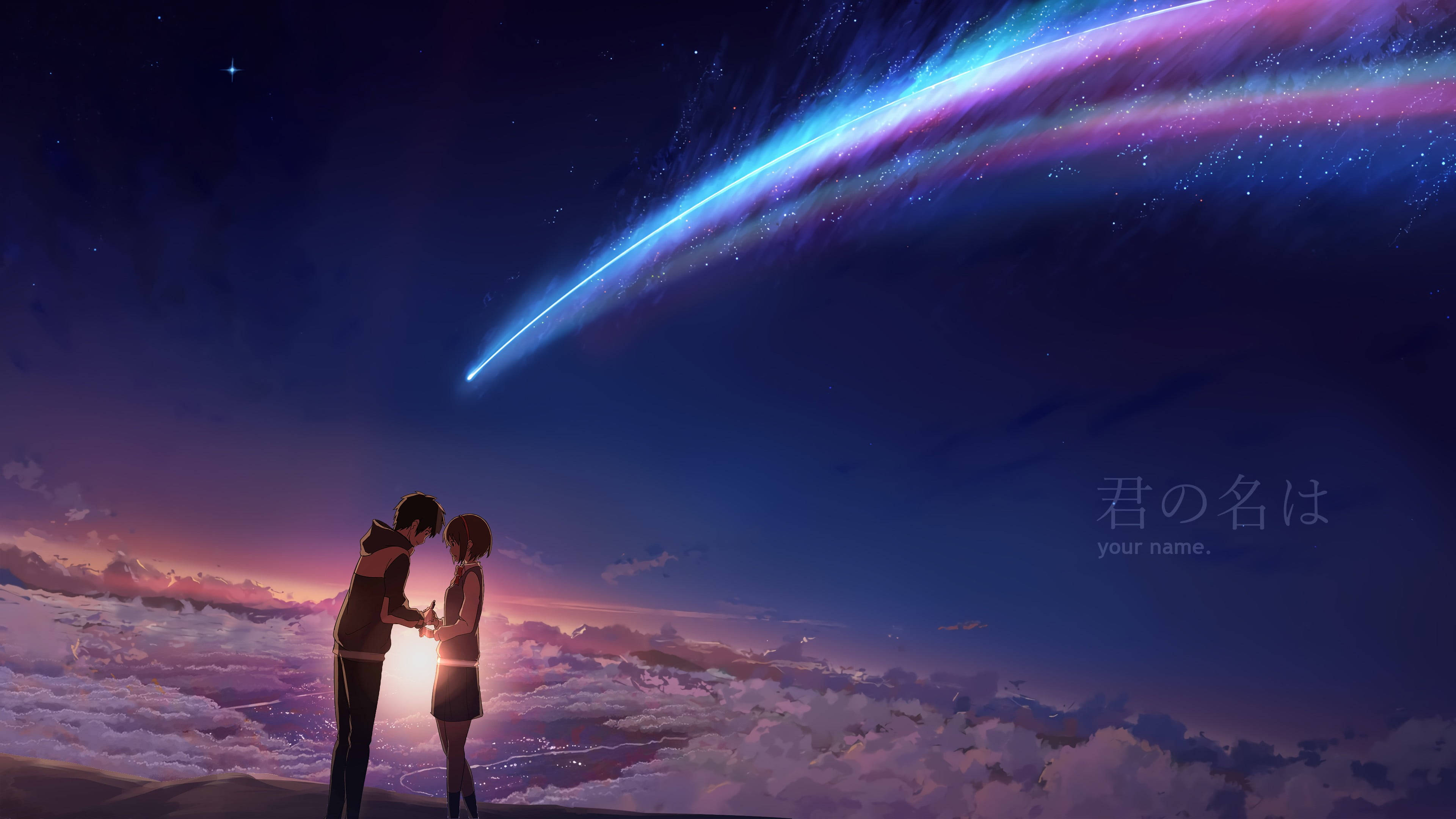 Anime Pc 桌布 壁紙 — 兩個動漫角色在雲端上牽手，下方是充滿活力的宇宙天空，劃過一顆發光的彗星。