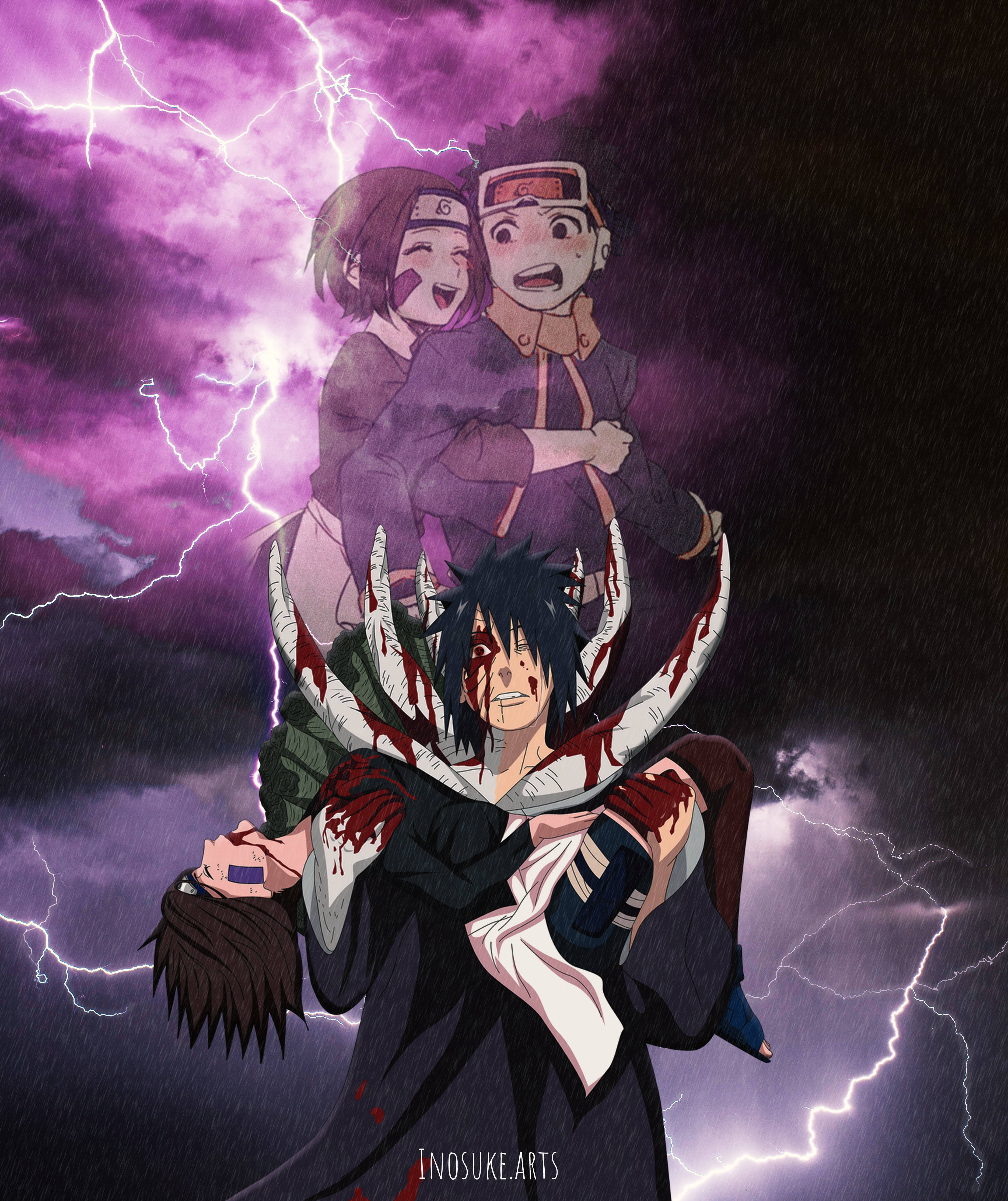 anime crying 桌布 壁紙 — 兩個動漫角色在雷電交加的暴風雨紫色天空下，騎在一個血跡斑斑的戰士背上。