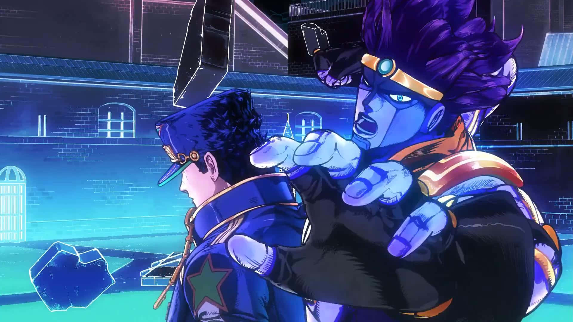 Jojo 桌布 壁紙 — 兩個動漫角色在霓虹燈照亮、帶有藍色和紫色光芒的城市小巷中碰撞。