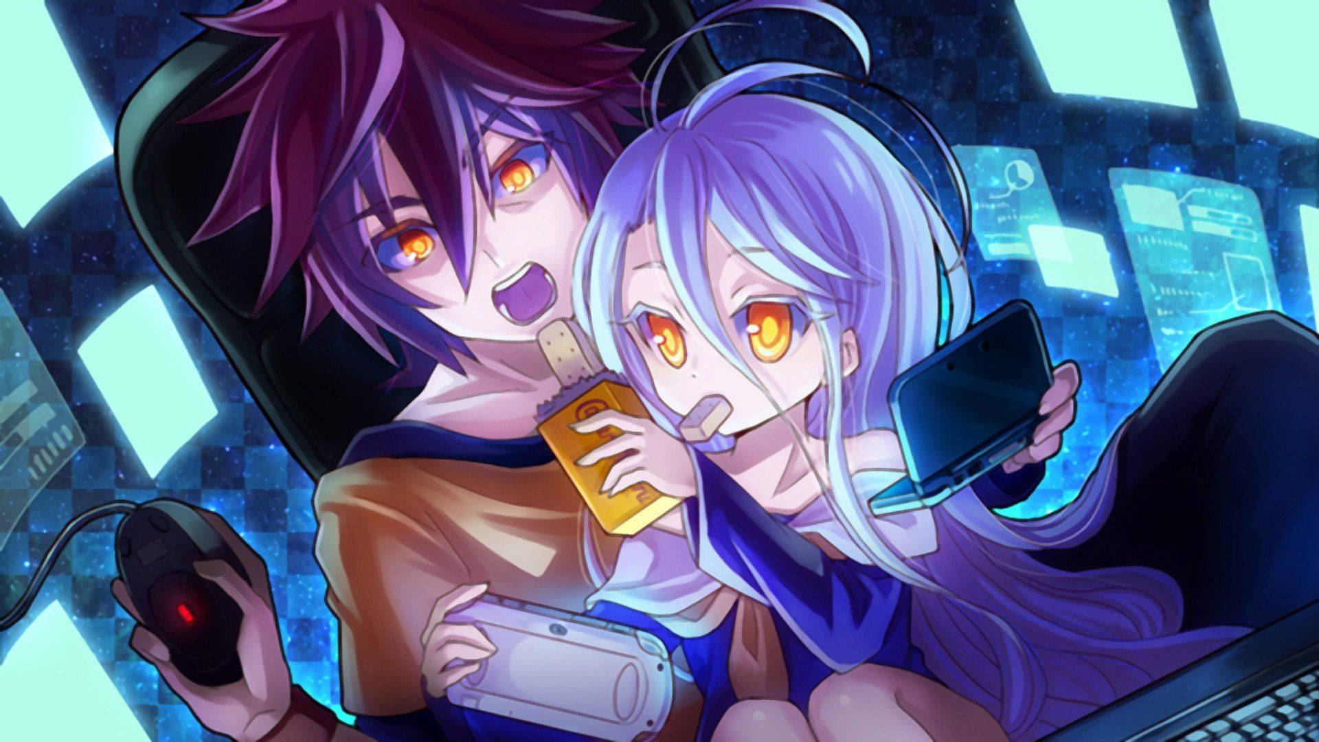 game 桌布 壁紙 — 兩個動漫角色在霓虹燈照亮的數位駕駛艙中激烈遊戲，配有發光的螢幕和發光的橙色眼睛。