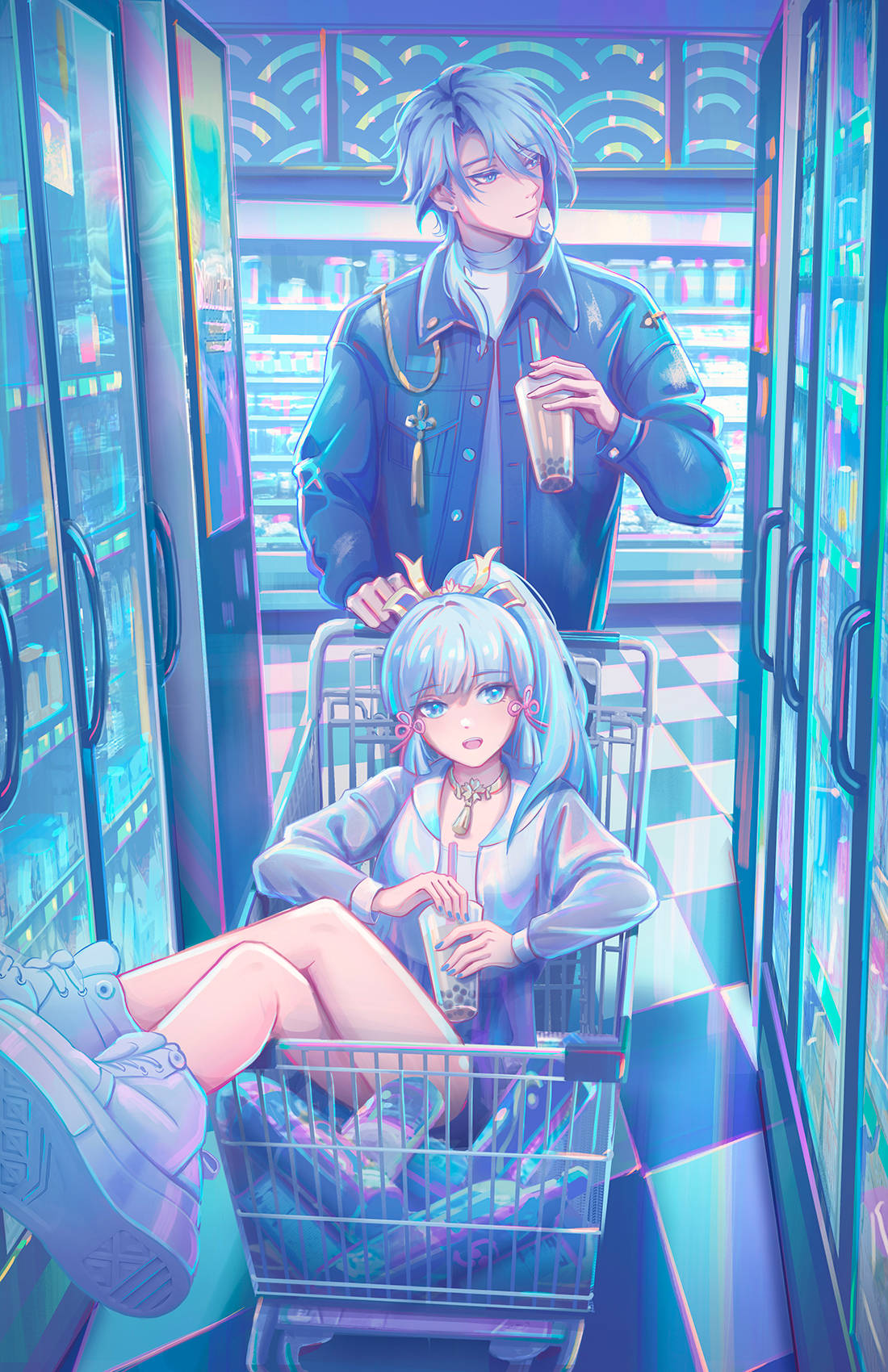 ayato 桌布 壁紙 — 兩個動漫角色在霓虹燈照亮的超市通道中，有發光的冰箱和格子地板。