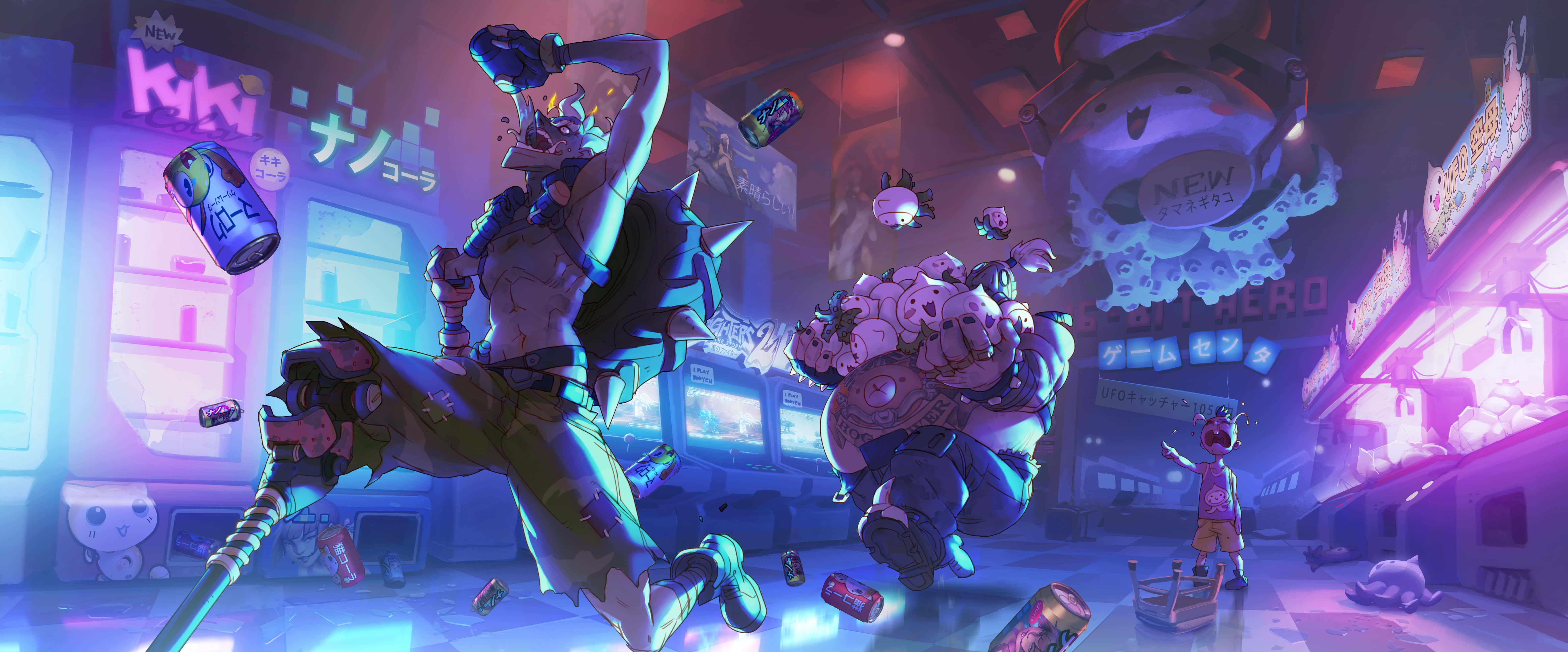 Overwatch Roadhog 桌布 壁紙 — 兩個動漫角色在霓虹燈閃爍的遊戲機中心戰鬥，罐頭飛舞，招牌發光。
