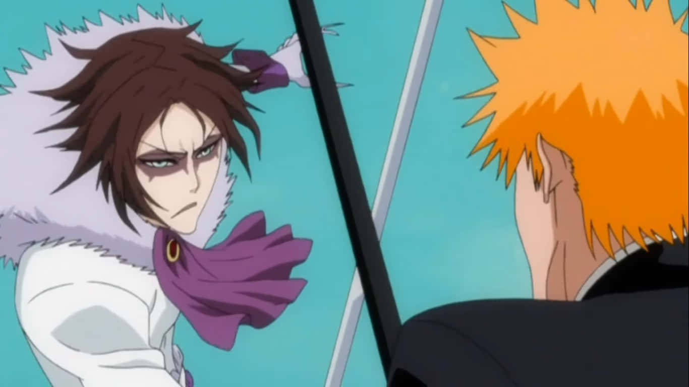 Bleach Muramasa 桌布 壁紙 — 兩個動漫角色在青綠色背景下拔劍對峙，氣氛緊張。