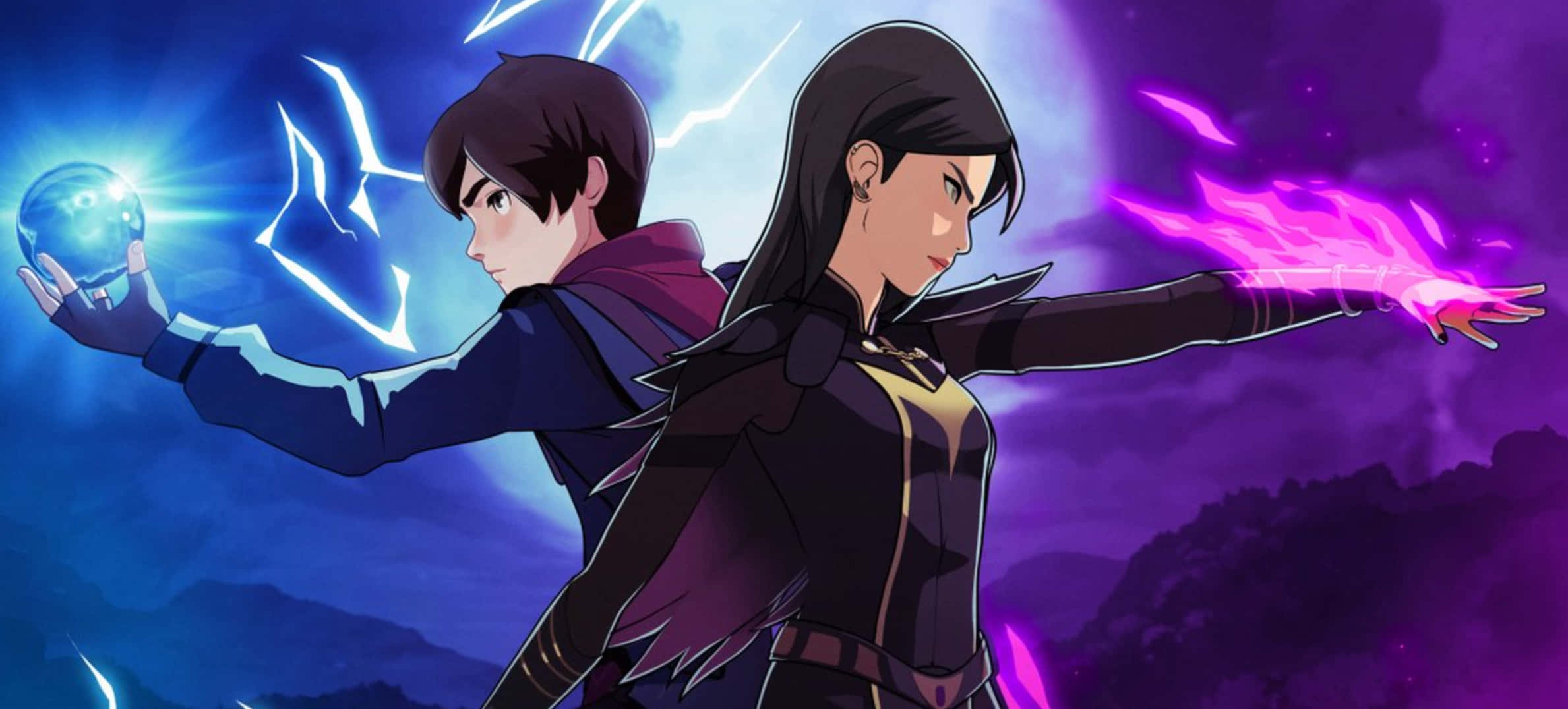 The Dragon Prince 桌布 壁紙 — 兩個動漫角色在風暴暮色天空下揮舞發光的藍色和紫色魔法。