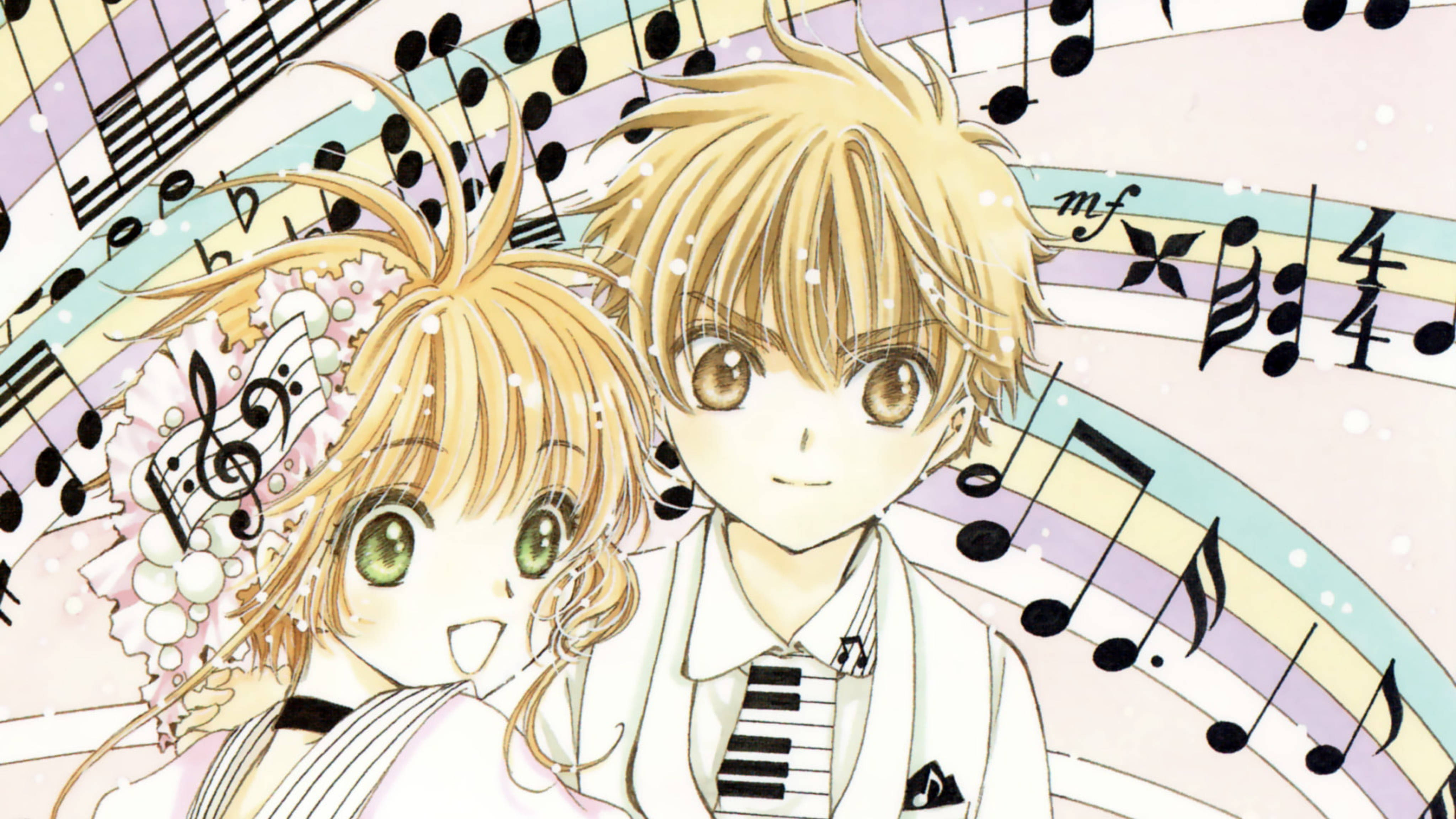 Cardcaptor 桌布 壁紙 — 兩個動漫角色在飄浮的音樂符號和鋼琴鍵盤中微笑，背景是粉彩彩虹漩渦。