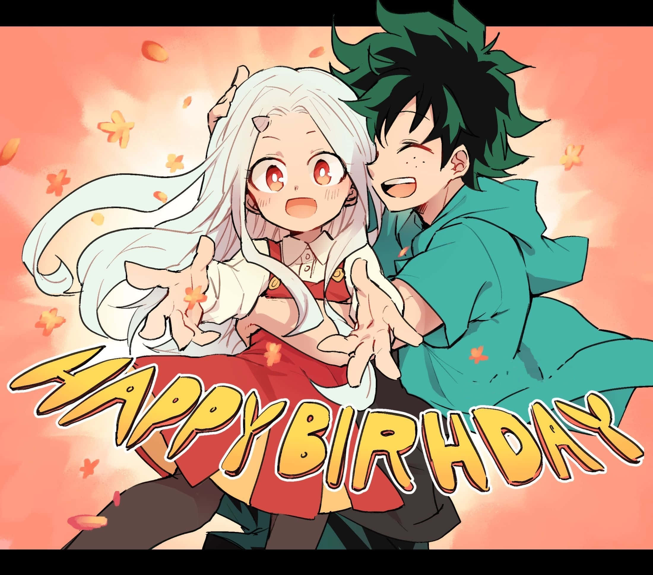 my hero academia 4K 桌布 壁紙 — 兩個動漫角色在飄落的秋葉和粗體文字中，帶著喜悅的表情慶祝生日。