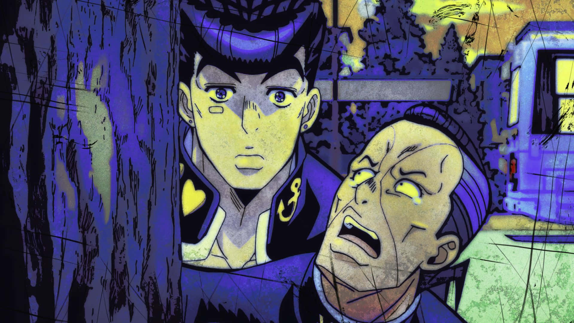 Okuyasu Nijimura 桌布 壁紙 — 兩個動漫角色在骯髒的城市小巷中，一個凝視著，另一個在紫色和黃色燈光下恐懼地尖叫。