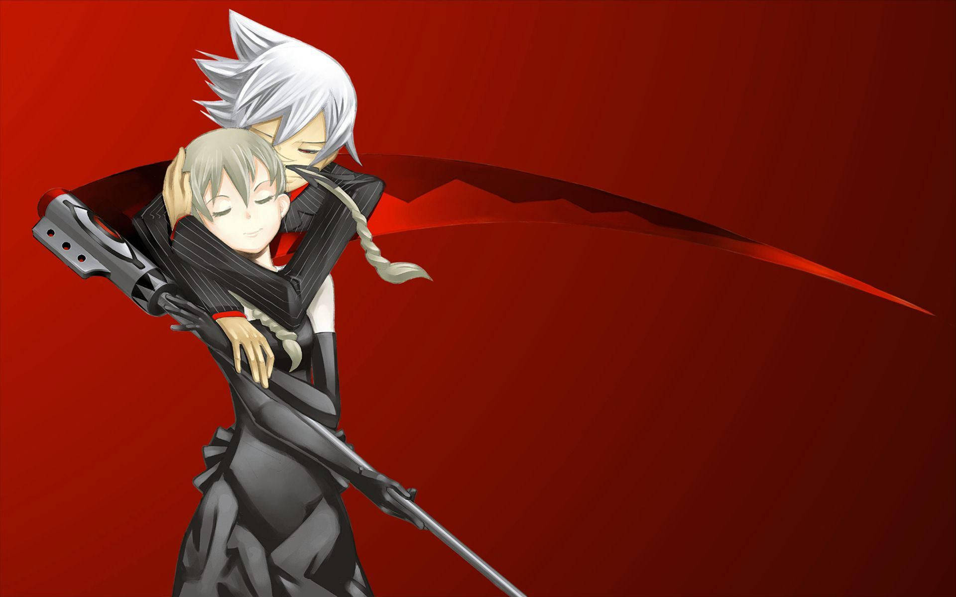 Soul Eater 桌布 壁紙 — 兩個動漫角色在鮮明的紅色漸變背景和動態運動線條中溫柔擁抱。