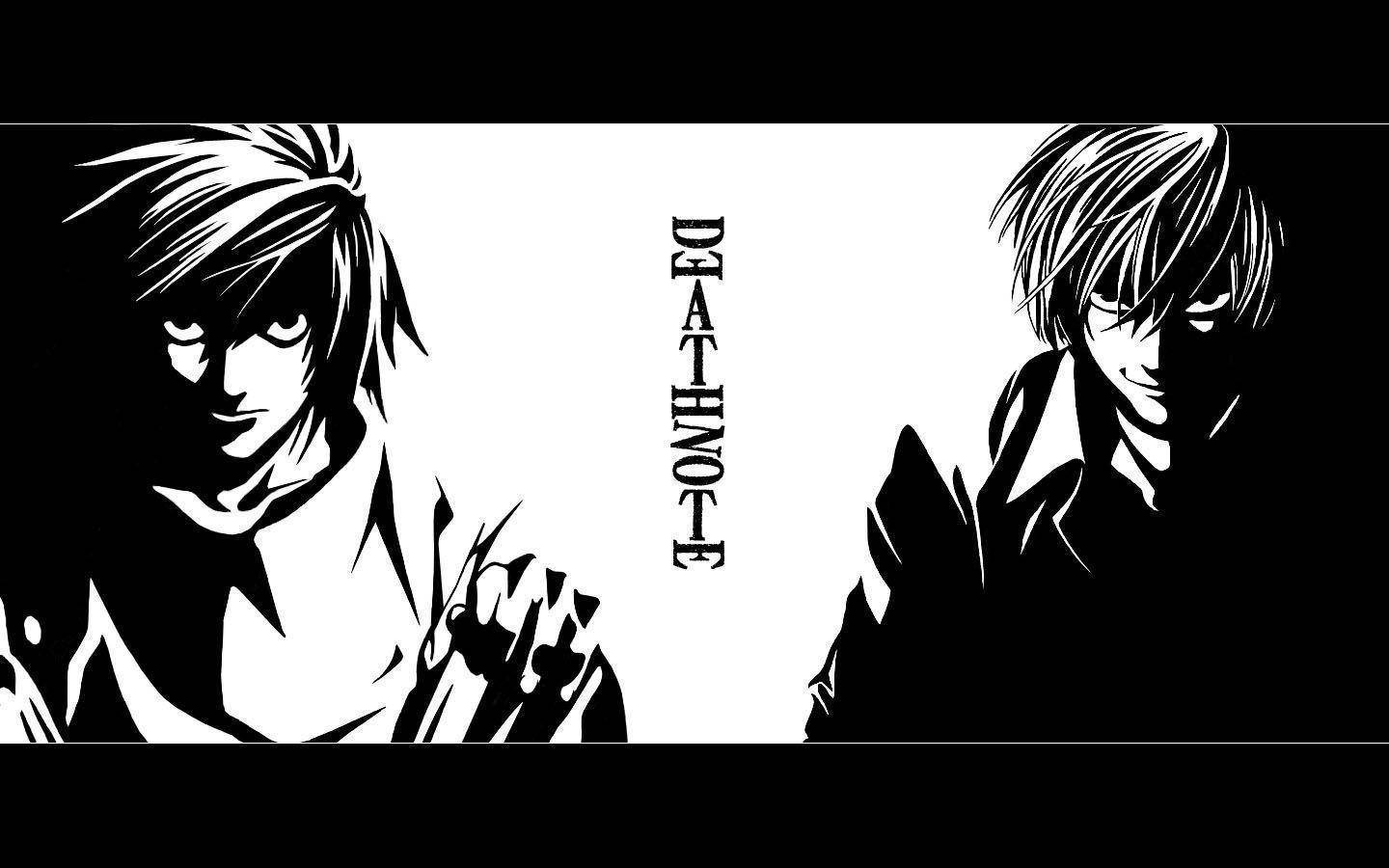 黑白 桌布 壁紙 — 兩個動漫角色在鮮明的黑白對比中面對面，標題 Death Note 垂直居中。