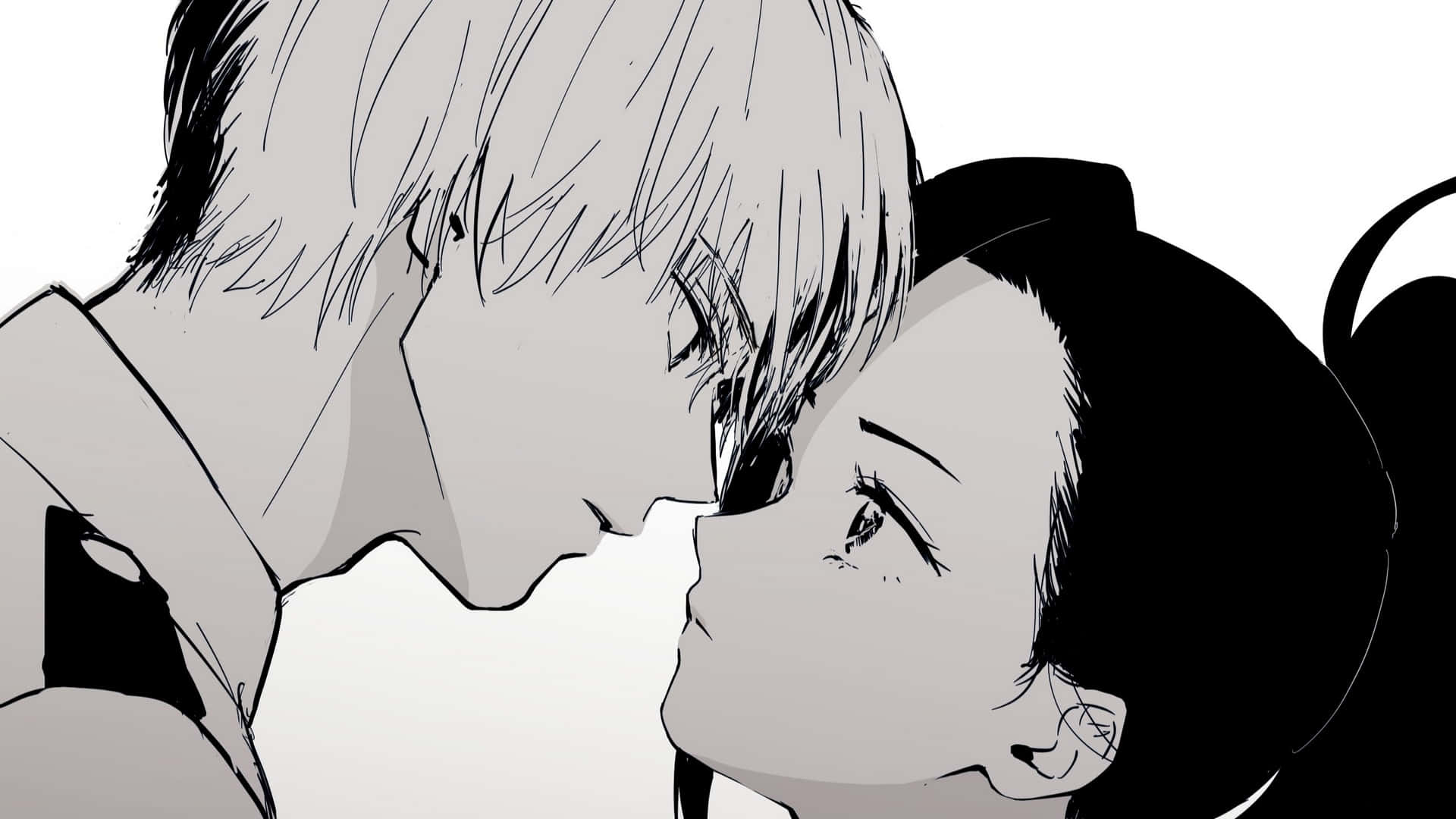 Todoroki Black 桌布 壁紙 — 兩個動漫角色在鮮明的黑白插圖中傾身親吻。