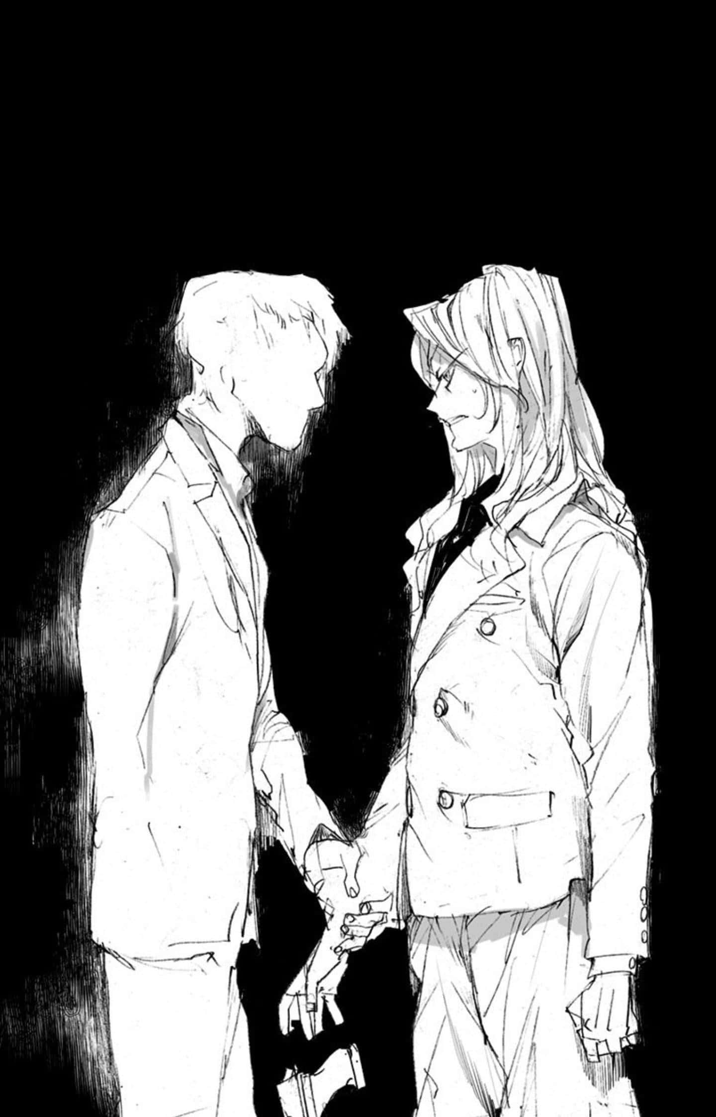 The Promised Neverland Peter Ratri 桌布 壁紙 — 兩個動漫角色在鮮明的黑白素描中牽手，他們的臉龐在黑暗背景下柔和地照亮。