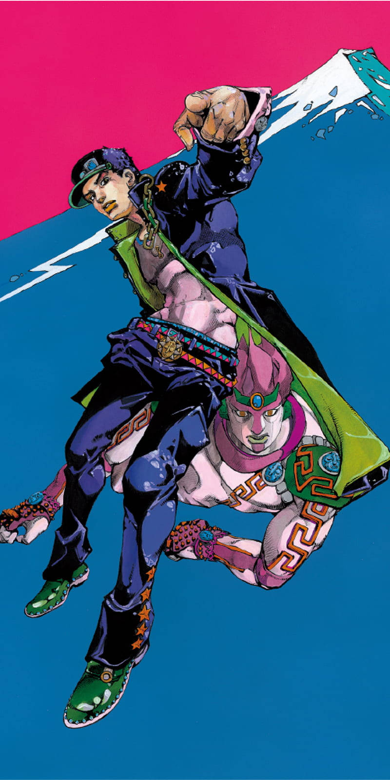 Jojo 桌布 壁紙 — 兩個動漫角色在鮮豔的粉紅和藍色背景上，以白色能量條紋呈現動態戰鬥姿勢。