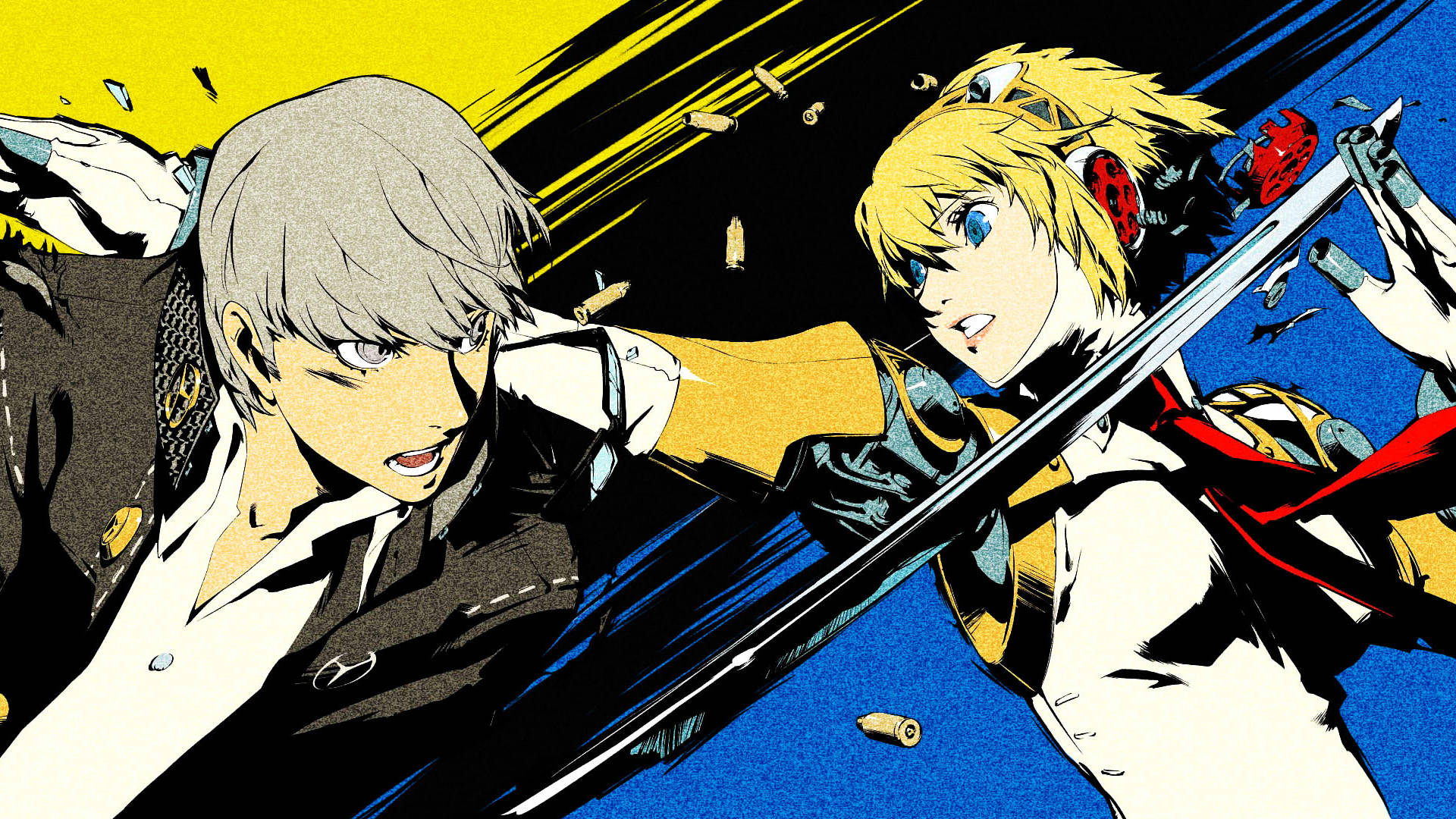 Persona 3 桌布 壁紙 — 兩個動漫角色在鮮豔的黃藍色背景下，用劍和飛舞的子彈進行動態戰鬥。