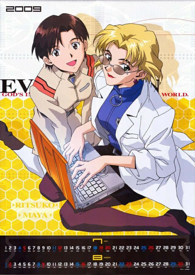 Ritsuko Akagi 桌布 壁紙 — 兩個動漫角色在鮮黃色六邊形背景前協作使用筆記型電腦。