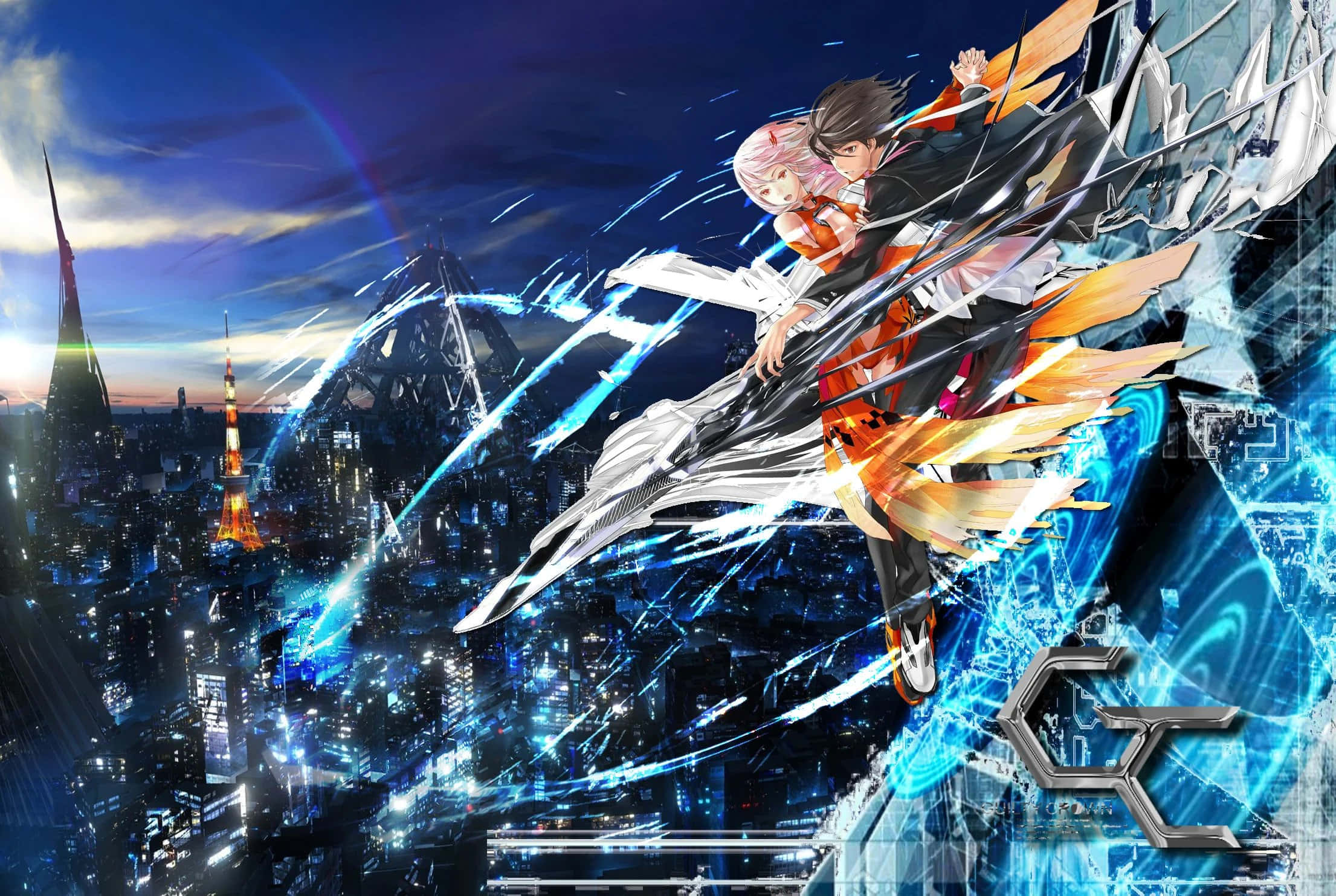 Guilty Crown 桌布 壁紙 — 兩個動漫角色在黃昏時分穿過霓虹燈照亮的東京天際線，帶著能量軌跡和數位效果。