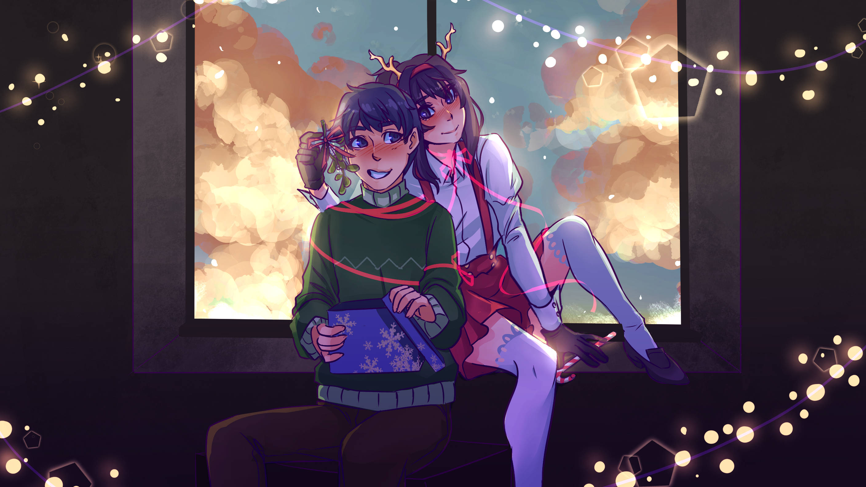 Yandere 桌布 壁紙 — 兩個動漫角色在黃昏時坐在窗邊，其中一個拿著禮物，周圍的串燈閃爍著光芒。
