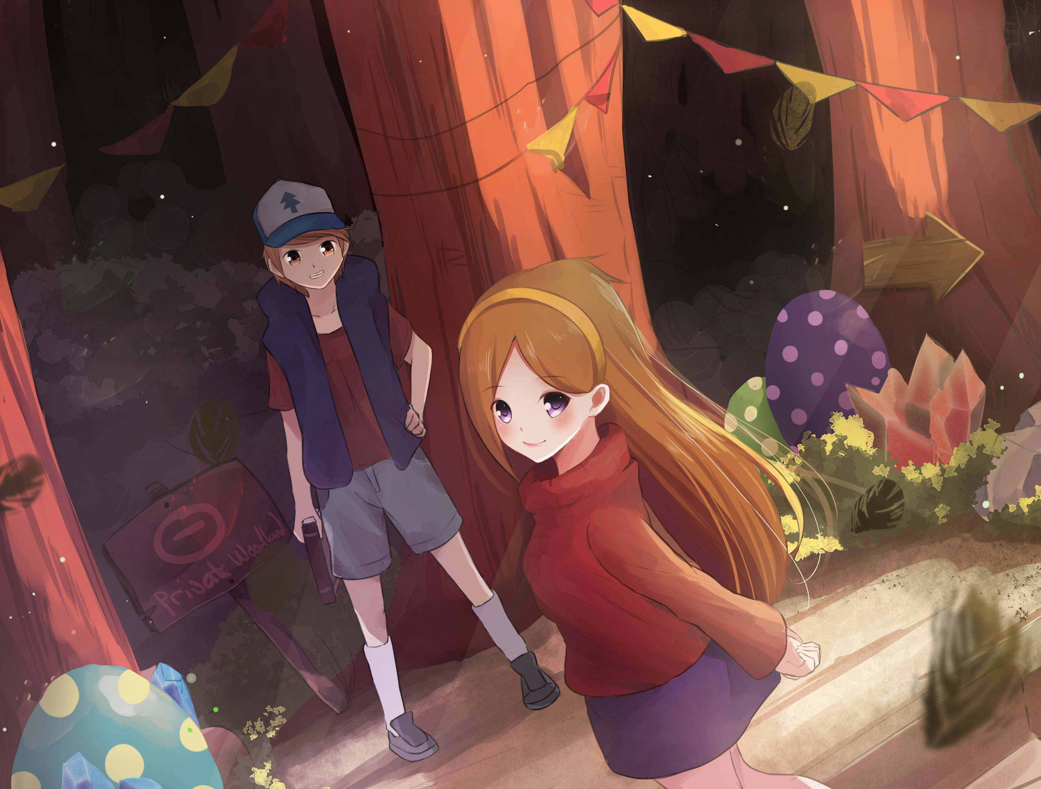 Mabel 桌布 壁紙 — 兩個動漫角色在黃昏時探索一個充滿彩色燈籠和發光蘑菇的奇幻森林。
