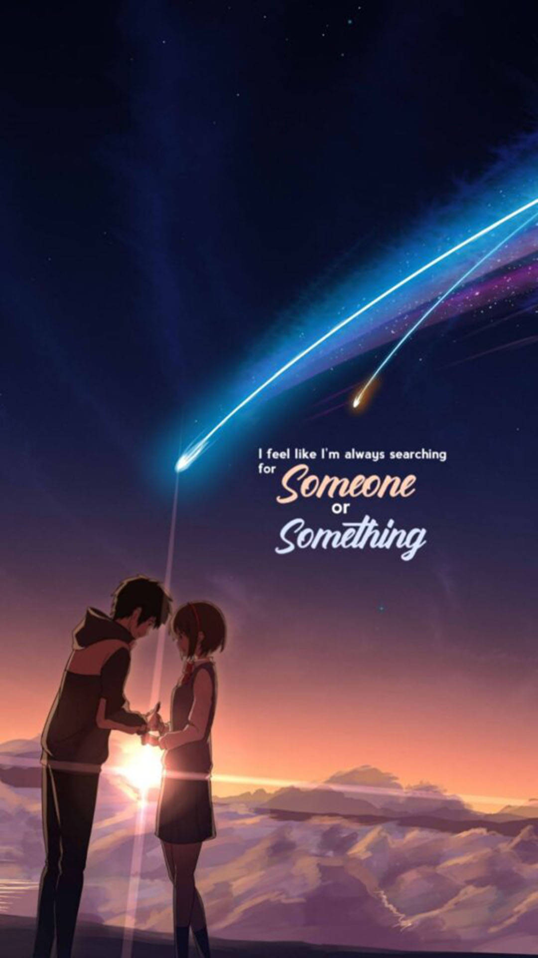 kimi no na wa phone 桌布 壁紙 — 兩個動漫角色在黃昏的天空下牽手，天空中有流星和發光的文字。