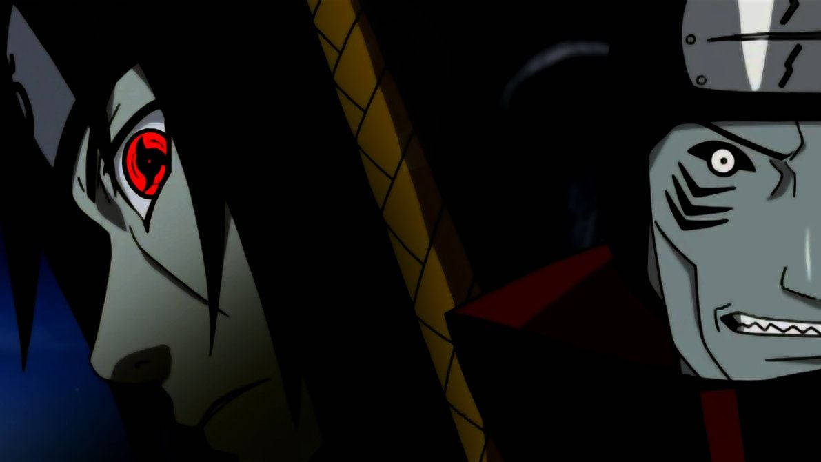 Itachi And Kisame 桌布 壁紙 — 兩個動漫角色在黑暗中對峙，一個有發光的紅眼，另一個有尖銳的笑容和頭帶。