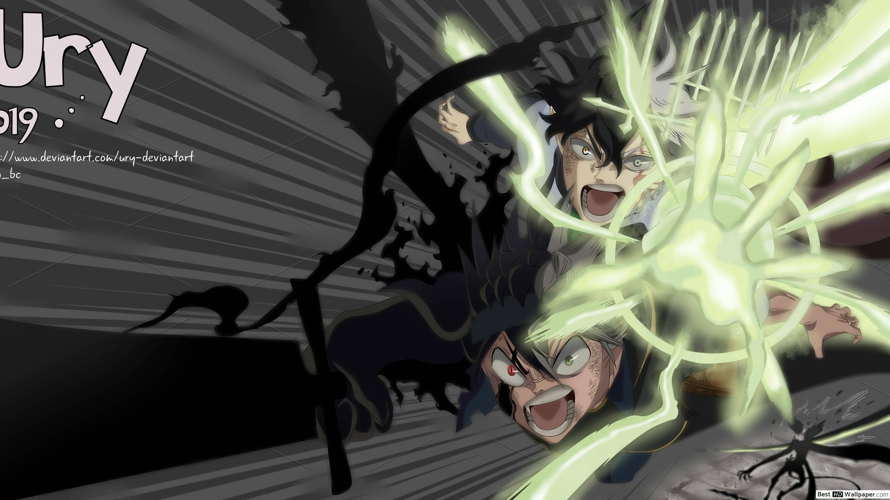 Black Clover Asta 桌布 壁紙 — 兩個動漫角色在黑暗動態線條的戰鬥場景中釋放出發光的綠色能量。
