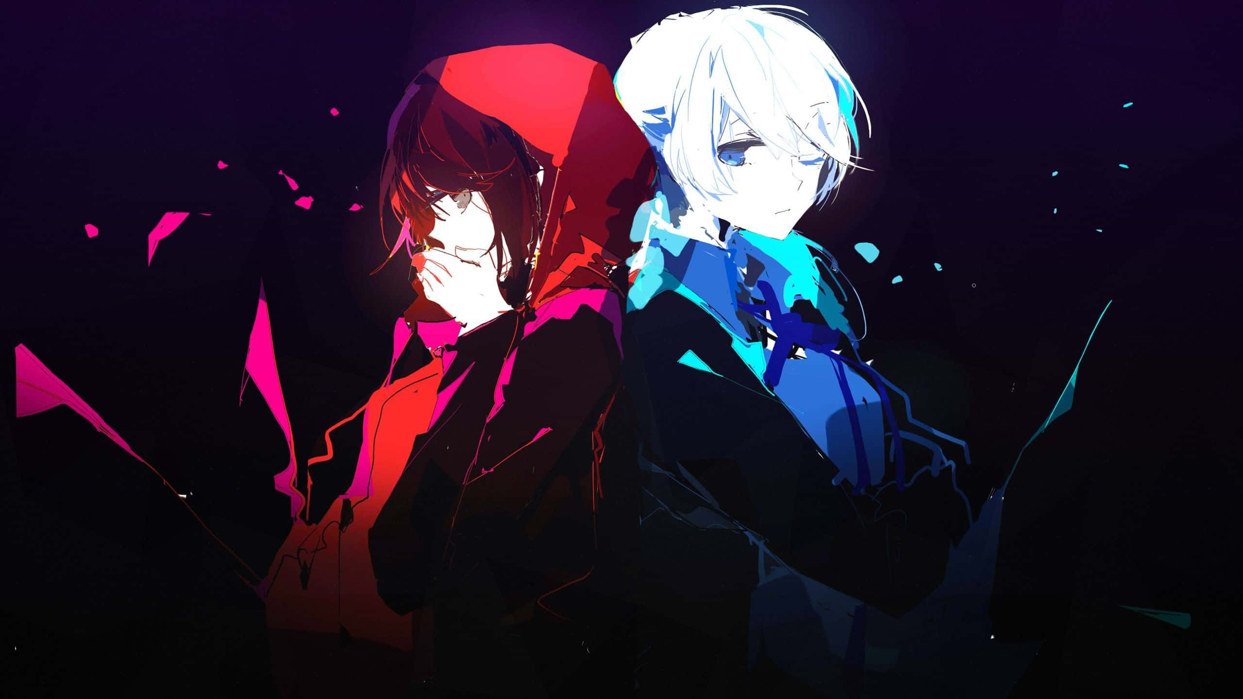 Cool Anime Blue 桌布 壁紙 — 兩個動漫角色在黑暗場景中背對背站立，一個發出紅光，另一個發出藍光，周圍有破碎的光碎片。
