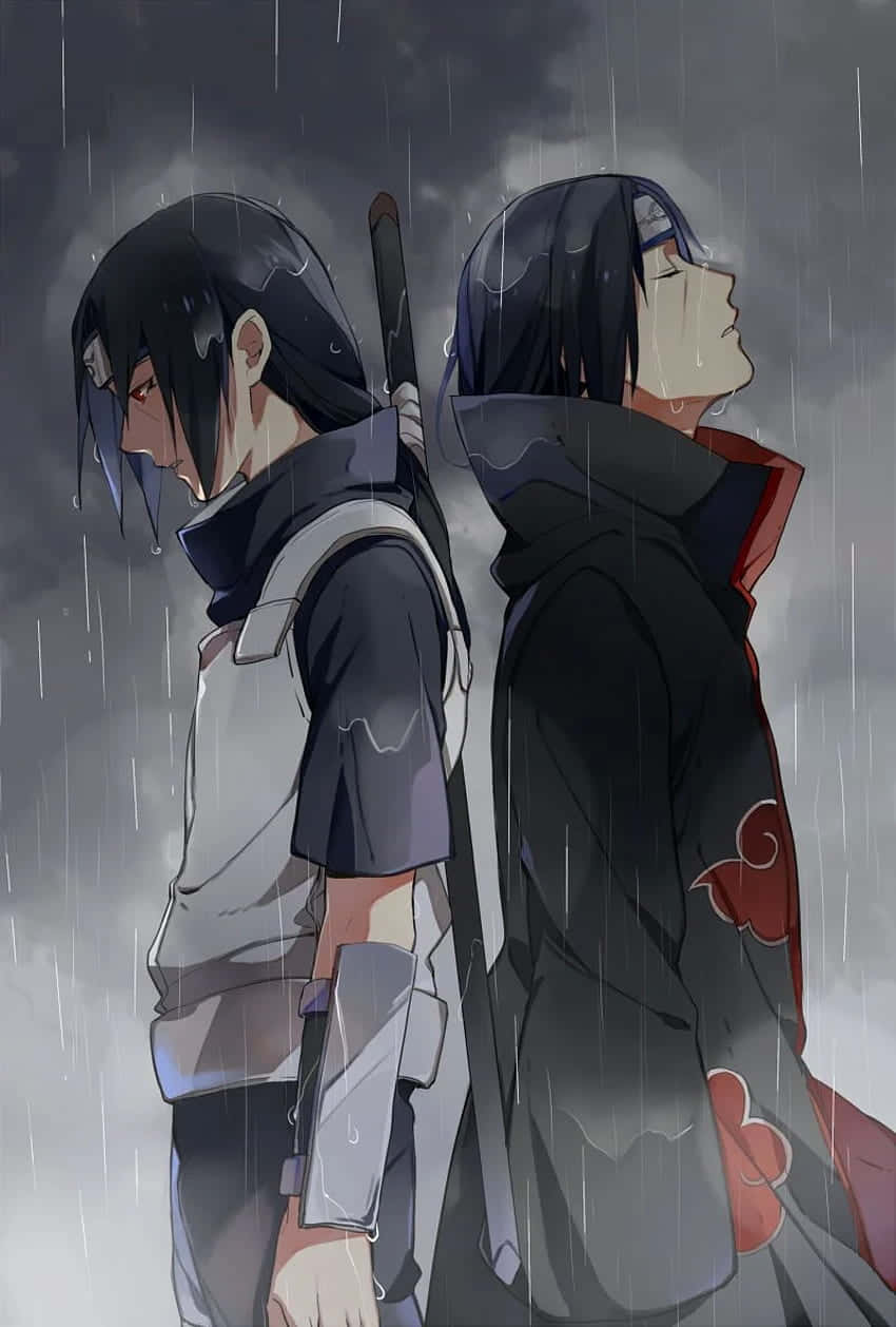 兩個動漫忍者角色在暴風雨中背靠背站立。 — 鼬 GIF 壁紙
