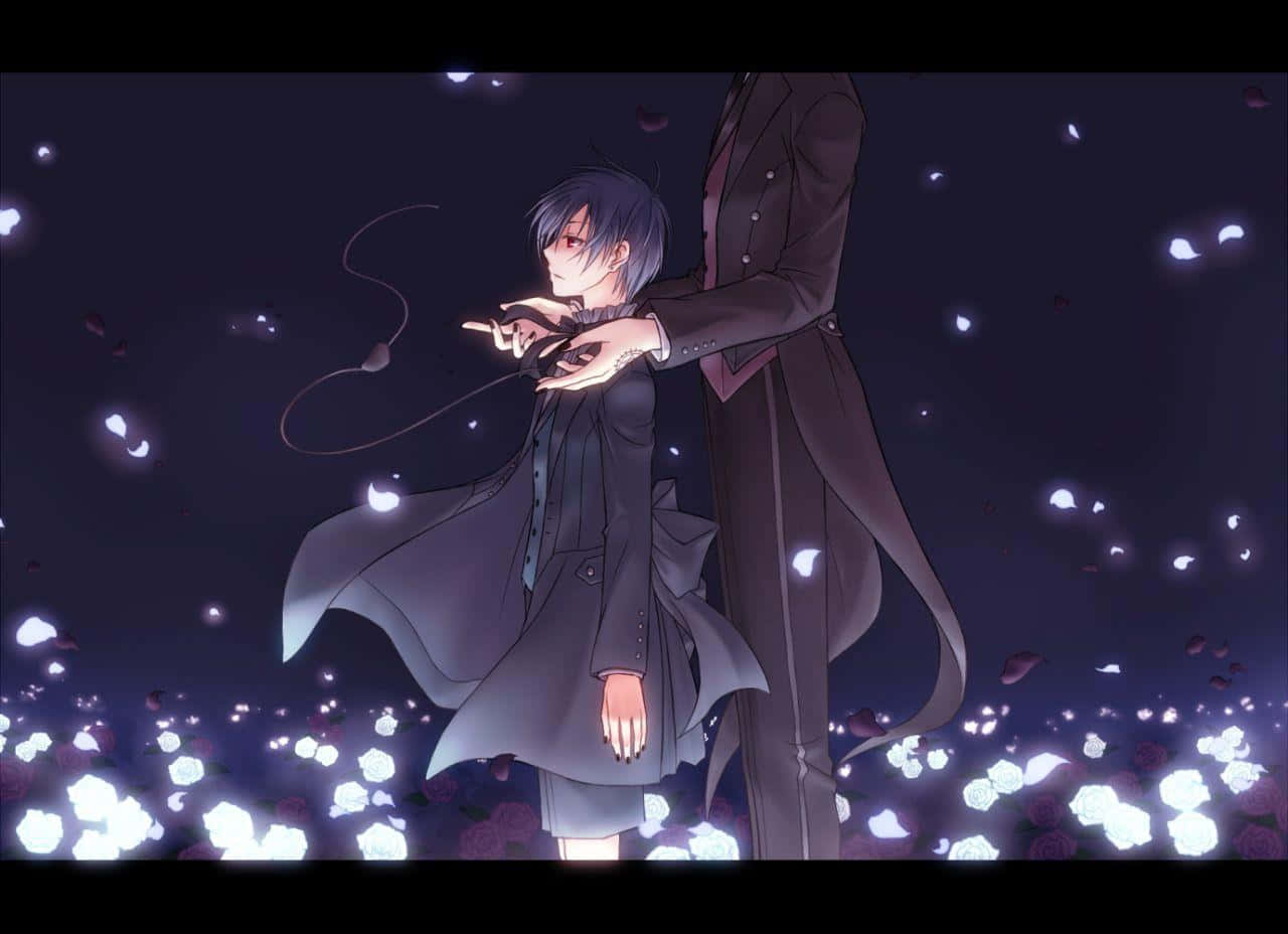 Ciel Phantomhive 桌布 壁紙 — 兩個動漫角色在黑暗夜空下，於發光的白色花朵和飄浮花瓣中擁抱。