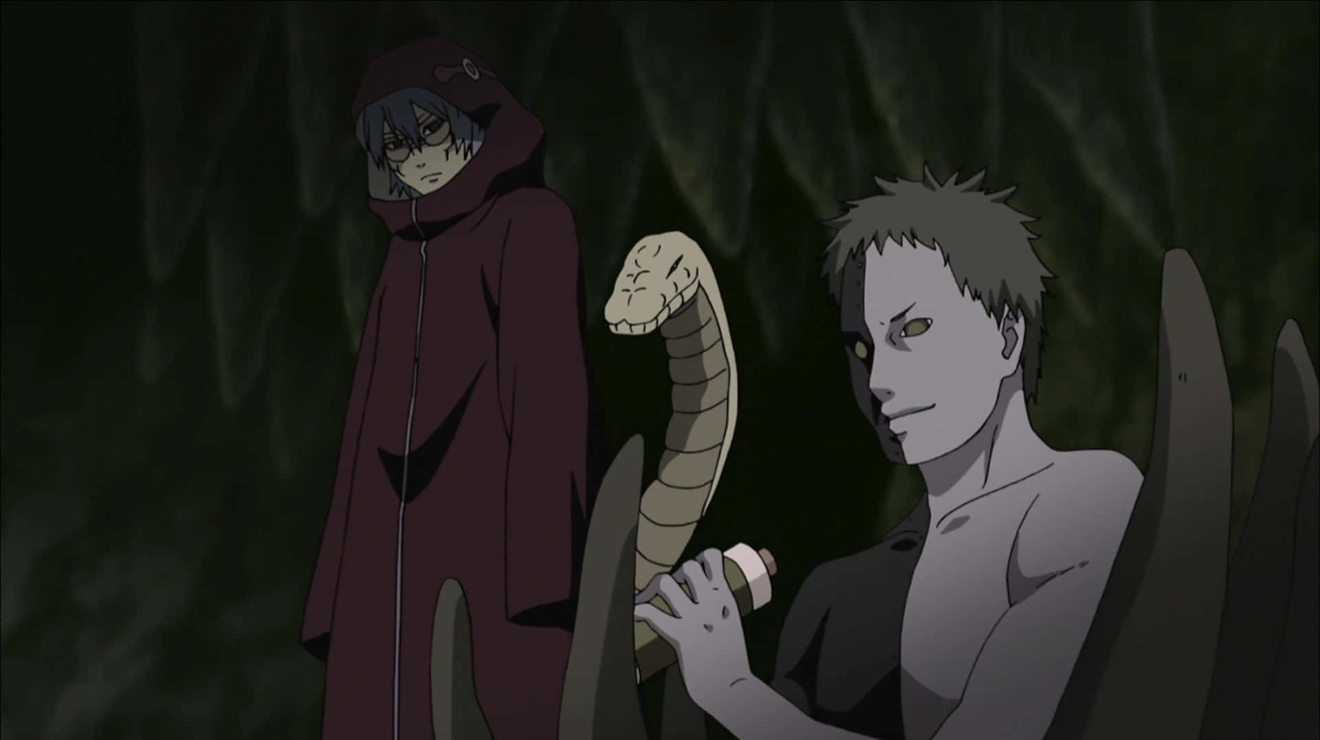 Black Zetsu 桌布 壁紙 — 兩個動漫角色在黑暗森林中，一個穿著紅色斗篷，另一個拿著蛇。