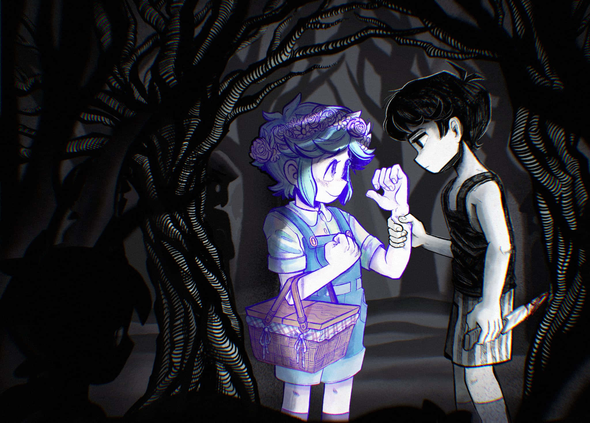 omori 桌布 壁紙 — 兩個動漫角色在黑暗森林中扭曲的樹根下分享溫柔時刻，其中一人拿著野餐籃。