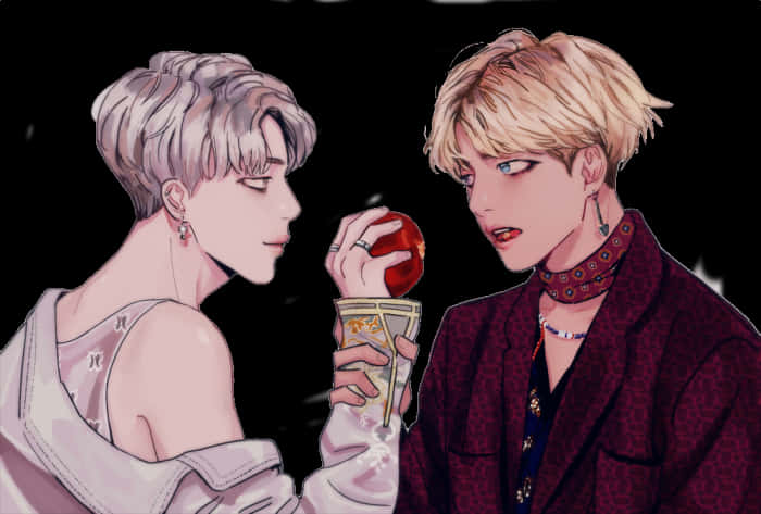 BTS 桌布 壁紙 — 兩個動漫角色在黑暗環境中，其中一個向另一個提供用現金包裹的蘋果，表情強烈。