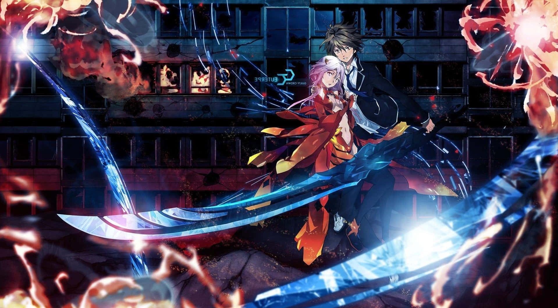 Guilty Crown 桌布 壁紙 — 兩個動漫角色在黑暗的城市環境中，在熾熱的爆炸和發光的藍色能量中交鋒。
