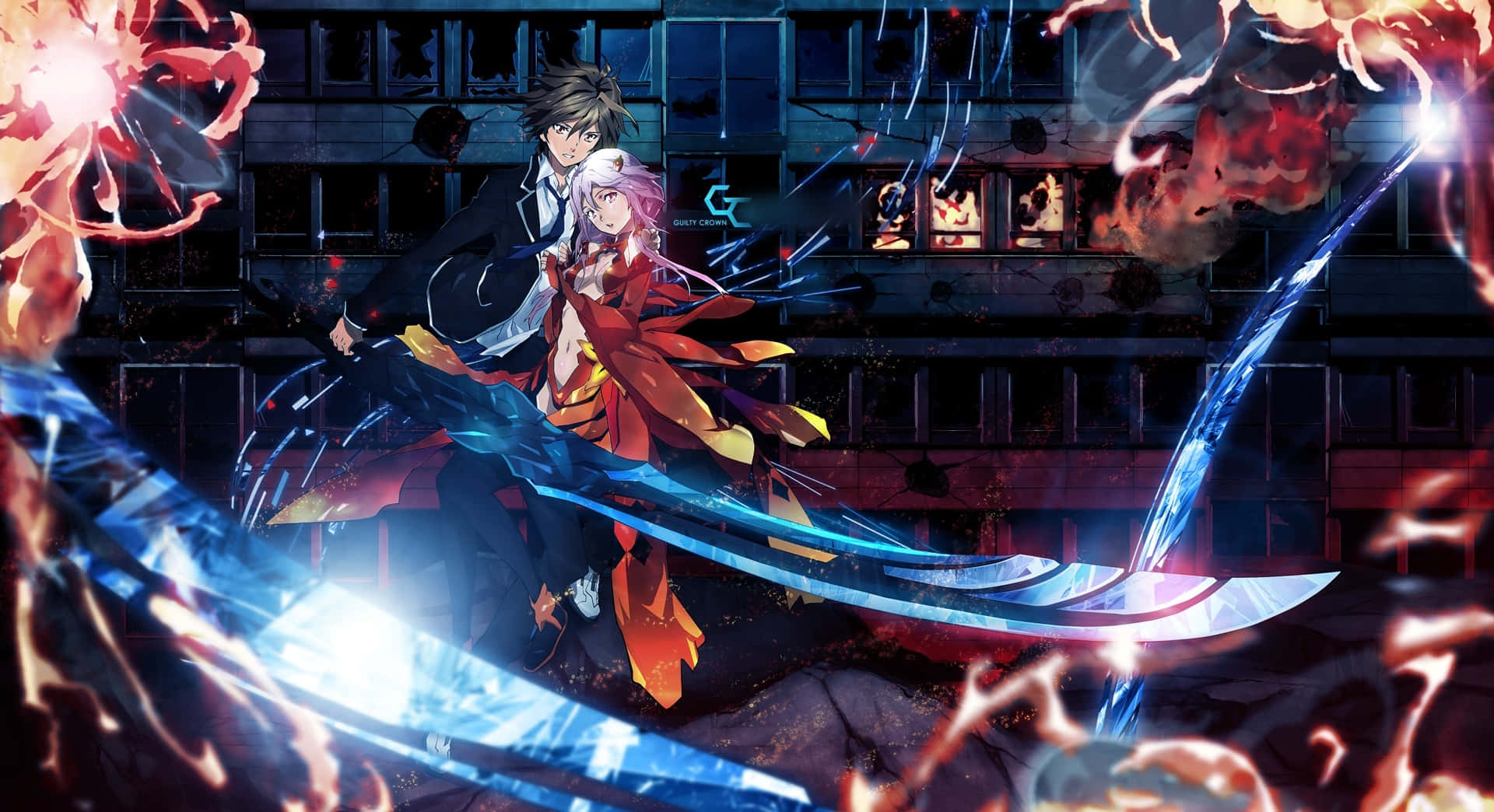 Guilty Crown 桌布 壁紙 — 兩個動漫角色在黑暗的城市環境中，在熾熱的爆炸和發光的藍色能量中交鋒。