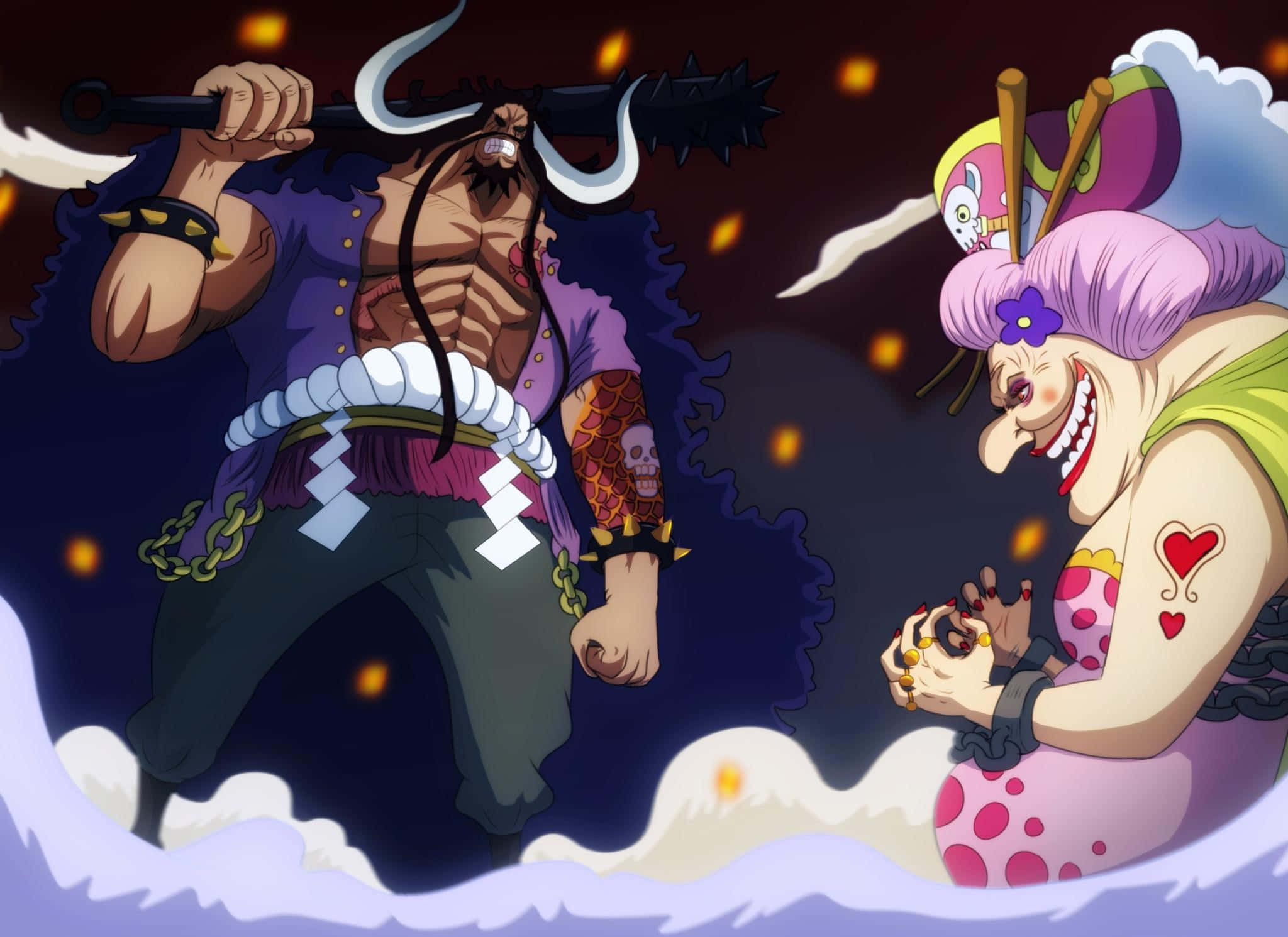 Big Mom 桌布 壁紙 — 兩個動漫角色在黑暗的天空下，伴隨著發光的餘燼和漩渦狀的雲層，戲劇性地碰撞。