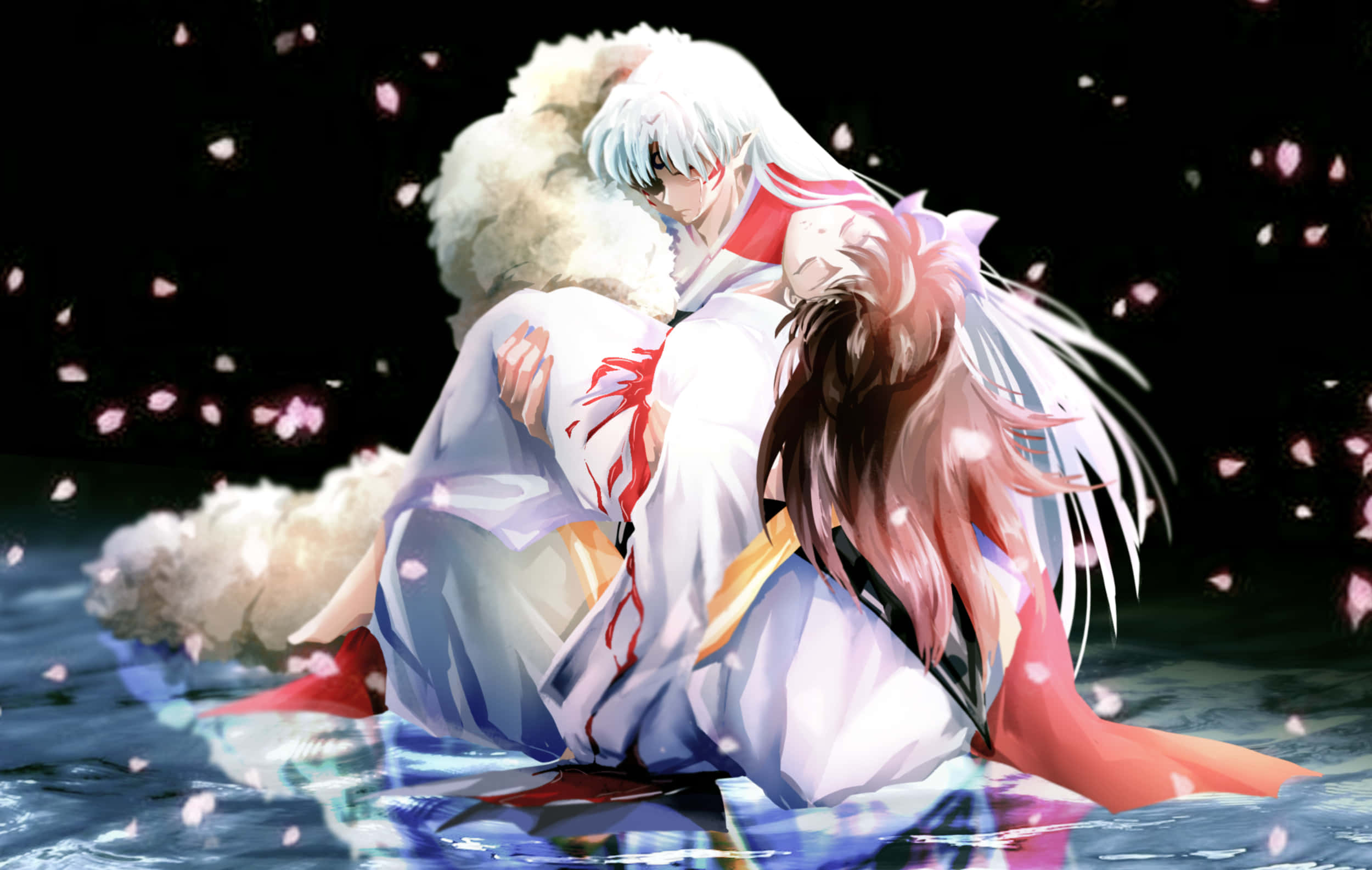 Inuyasha And Rin 桌布 壁紙 — 兩個動漫角色在黑暗的天空下，櫻花飄落，在水中溫柔相擁。