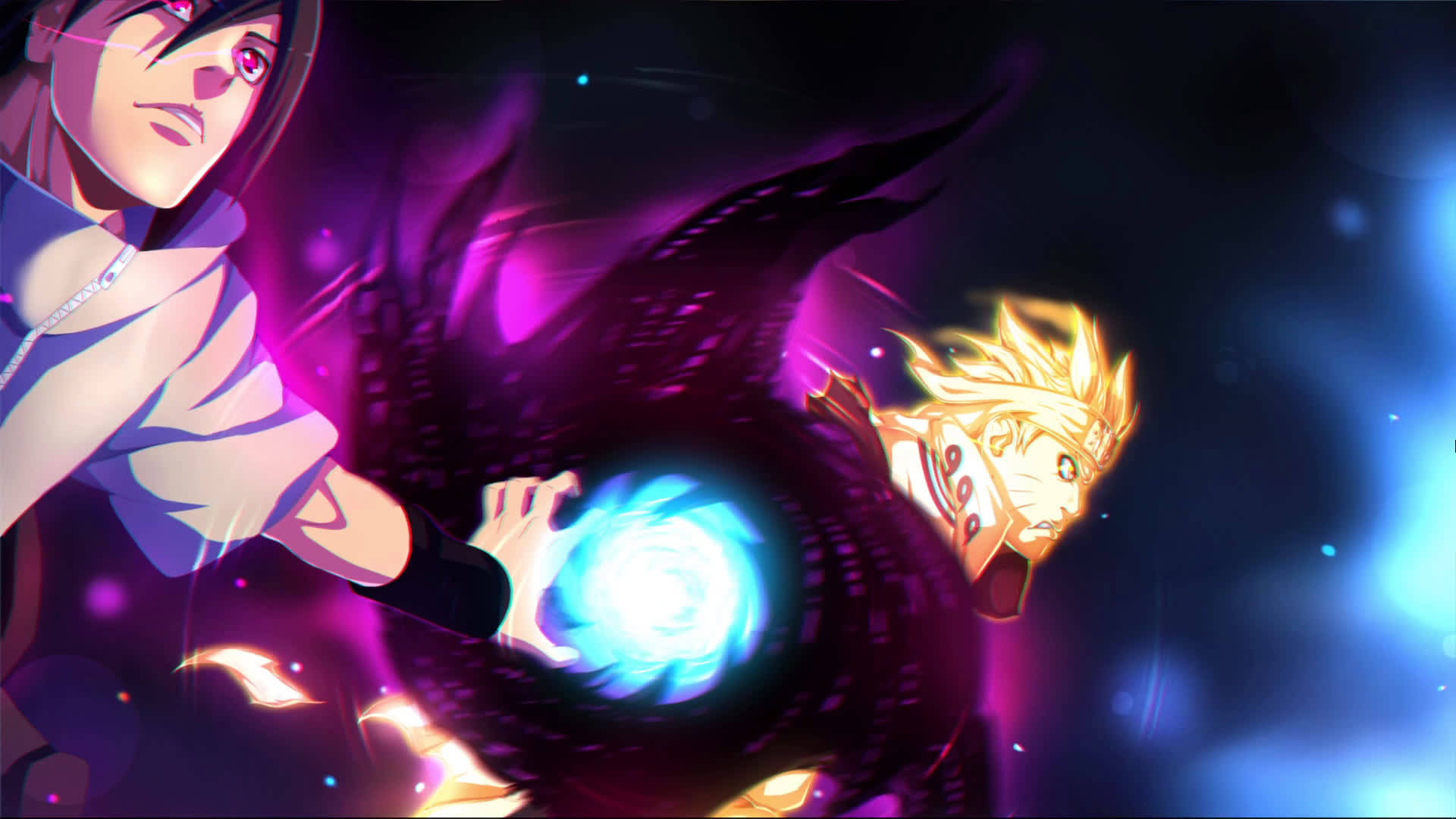 Naruto And Sasuke 桌布 壁紙 — 兩個動漫角色在黑暗的宇宙戰鬥場景中，以發光的查克拉球體碰撞。