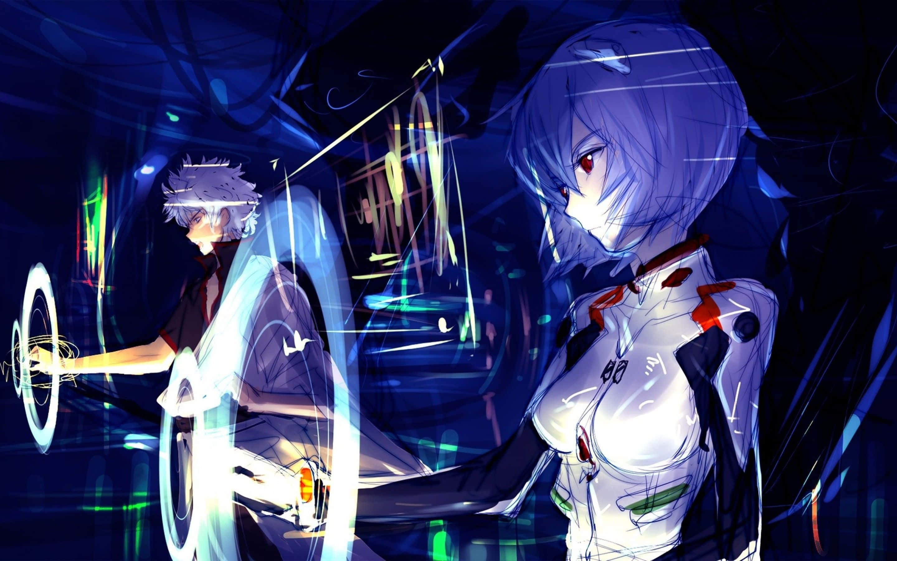 rei ayanami 桌布 壁紙 — 兩個動漫角色在黑暗的未來駕駛艙中，周圍是發光的藍色和綠色數位介面。
