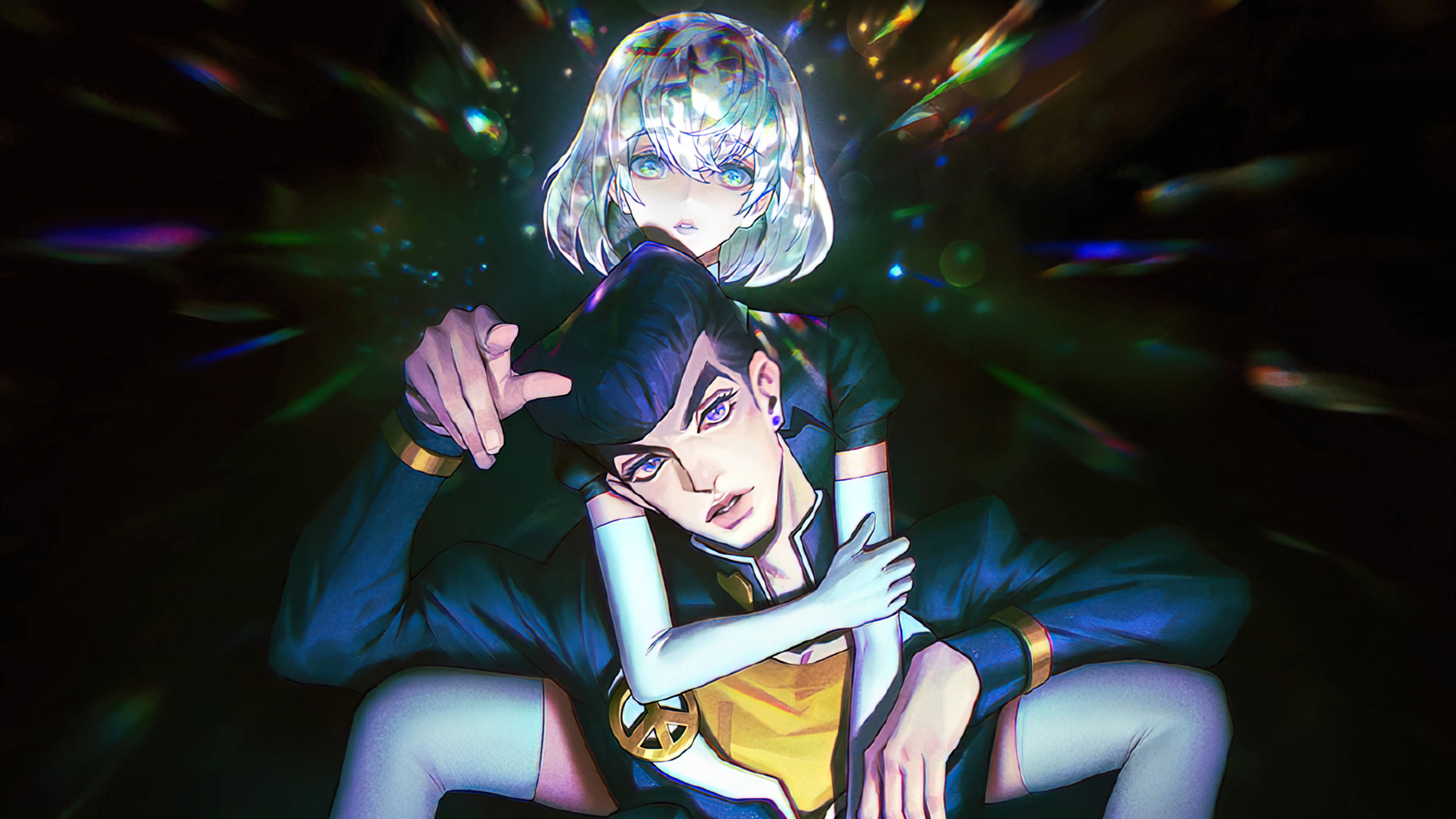 jojo 4K 桌布 壁紙 — 兩個動漫角色在黑暗空間中擁抱，周圍環繞著鮮豔的光暈和發光粒子。