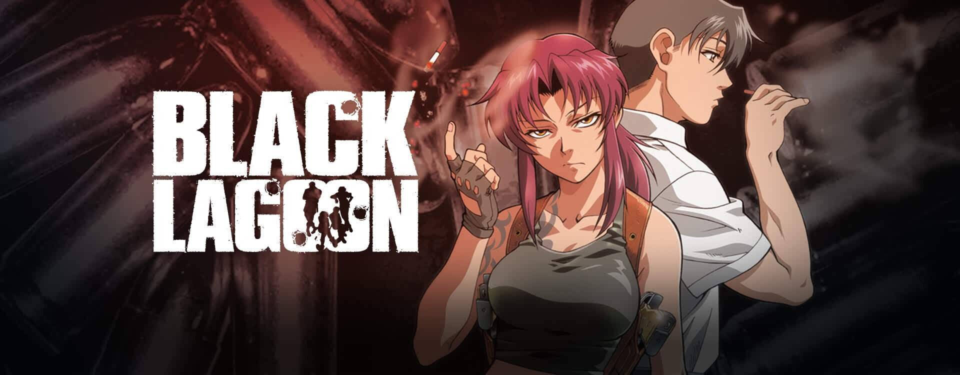 兩個動漫角色在黑暗粗糙的場景中持槍，標題為Black Lagoon。 — 漫畫gif 壁紙