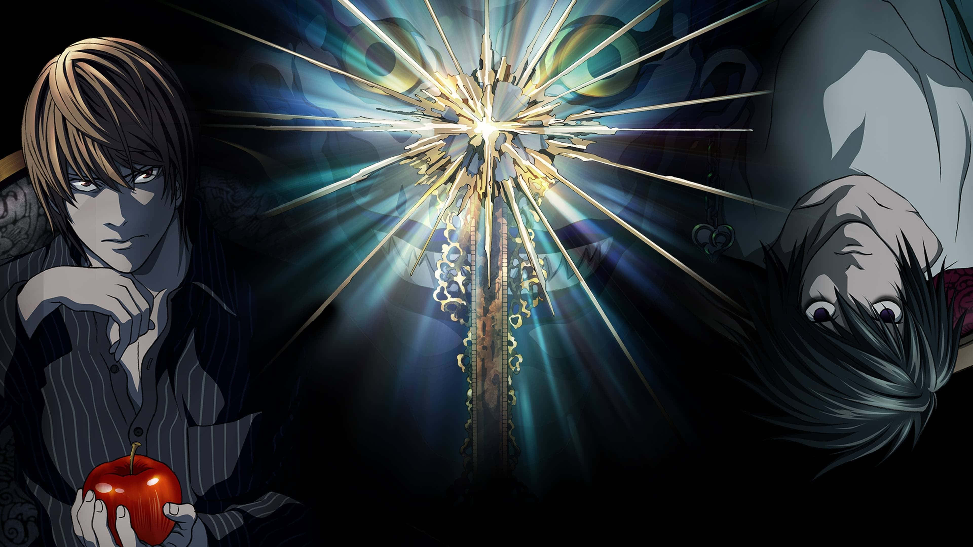 Light Yagami 桌布 壁紙 — 兩個動漫角色在黑暗背景下夾著一把發光的劍，散發出光芒。