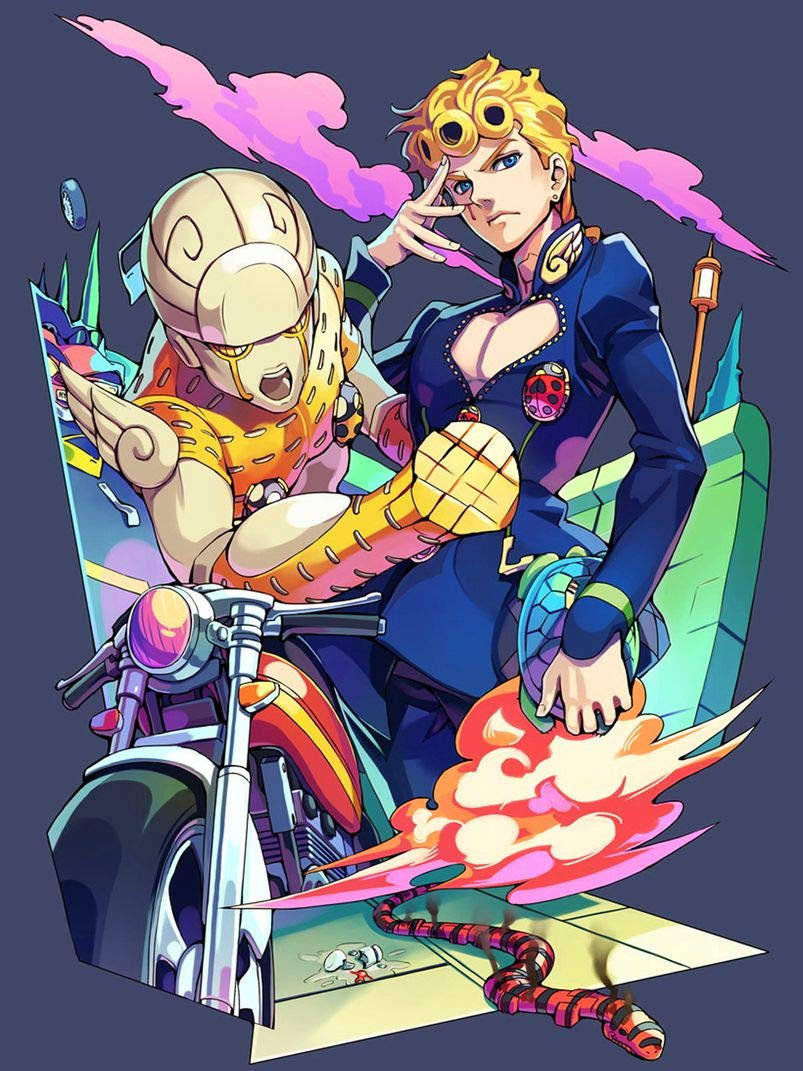 Giorno 桌布 壁紙 — 兩個動漫角色在黑暗背景下騎著一輛帶有火焰排氣和粉紅色煙霧的摩托車。