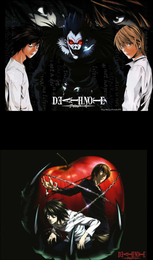 Death Note Ryuk 桌布 壁紙 — 兩個動漫角色在黑暗背景中對峙一個帶有發光眼睛和文字的威脅性面具人物。